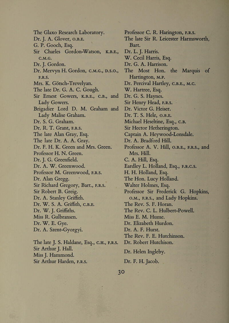 The Glaxo Research Laboratory. Dr. J. A. Glover, o.b.e. G. P. Gooch, Esq. Sir Charles Gordon-Watson, k.b.e., C.M.G. Dr. J. Gordon. Dr. Mervyn H. Gordon, c.m.g., d.s.o., f.r.s. Mrs. K. Gotsch-Trevelyan. The late Dr. G. A. C. Gough. Sir Ernest Gowers, k.b.e., c.b., and Lady Gowers. Brigadier Lord D. M. Graham and Lady Malise Graham. Dr. S. G. Graham. Dr. R. T. Grant, f.r.s. The late Alan Gray, Esq. The late Dr. A. A. Gray. Dr. F. H. K. Green and Mrs. Green. Professor H. N. Green. Dr. J. G. Greenfield. Dr. A. W. Greenwood. Professor M. Greenwood, f.r.s. Dr. Alan Gregg. Sir Richard Gregory, Bart., f.r.s. Sir Robert B. Greig. Dr. A. Stanley Griffith. Dr. W. S. A. Griffith, c.b.e. Dr. W. J. Griffiths. Miss R. Gulbransen. Dr. W. E. Gye. Dr. A. Szent-Gyorgyi. The late J. S. Haldane, Esq., C.H., f.r.s. Sir Arthur J. Hall. Miss J. Hammond. Sir Arthur Harden, f.r.s. Professor C. R. Harington, f.r.s. The late Sir R. Leicester Harmsworth, Bart. Dr. L. J. Harris. W. Cecil Harris, Esq. Dr. G. A. Harrison. The Most Hon. the Marquis of Harrington, m.p. Dr. Percival Hartley, c.b.e., m.c. W. Hartree, Esq. Dr. G. S. Haynes. Sir Henry Head, f.r.s. Dr. Victor G. Heiser. Dr. T. S. Hele, o.b.e. Michael Heseltine, Esq., c.b. Sir Hector Hetherington. Captain A. Heywood-Lonsdale. Dr. A. Bradford Hill. Professor A. V. Hill, o.b.e., f.r.s., and Mrs. Hill. C. A. Hill, Esq. Eardley L. Holland, Esq., f.r.c.s. H. H. Holland, Esq. The Hon. Lucy Holland. Walter Holmes, Esq. Professor Sir Frederick G. Hopkins, o.m., f.r.s., and Lady Hopkins. The Rev. S. F. Horan. The Rev. C. L. Hulbert-Powell. Miss E. M. Hume. Dr. Elizabeth Hurdon. Dr. A. F. Hurst. The Rev. F. E. Hutchinson. Dr. Robert Hutchison. Dr. Helen Ingleby. Dr. F. H. Jacob.