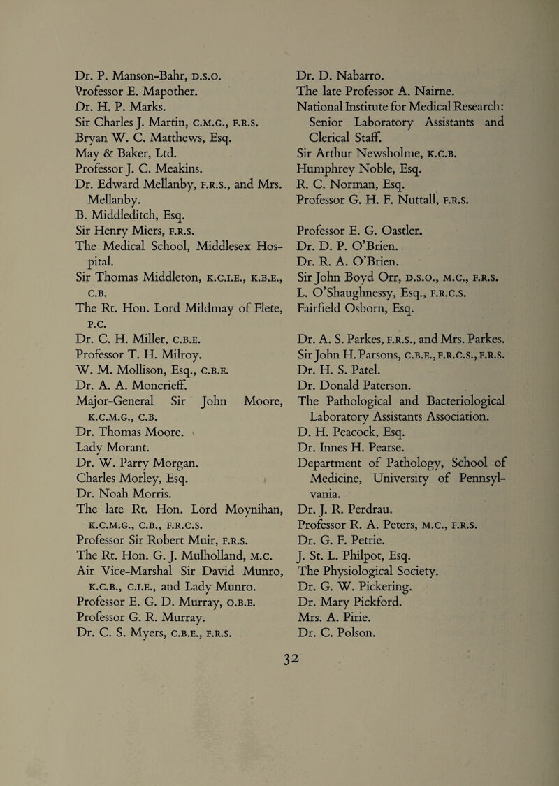 •>. Dr. P. Manson-Bahr, d.s.o. Professor E. Mapother. Dr. H. P. Marks. Sir Charles J. Martin, c.m.g., f.r.s. Bryan W. C. Matthews, Esq. May & Baker, Ltd. Professor J. C. Meakins. Dr. Edward Mellanby, f.r.s., and Mrs. Mellanby. B. Middleditch, Esq. Sir Henry Miers, f.r.s. The Medical School, Middlesex Hos¬ pital. Sir Thomas Middleton, k.c.i.e., k.b.e., C.B. The Rt. Hon. Lord Mildmay of Flete, p.c. Dr. C. H. Miller, c.b.e. Professor T. H. Milroy. W. M. Mollison, Esq., c.b.e. Dr. A. A. Moncrieff. Major-General Sir John Moore, K.C.M.G., C.B. Dr. Thomas Moore. * Lady Morant. Dr. W. Parry Morgan. Charles Morley, Esq. Dr. Noah Morris. The late Rt. Hon. Lord Moynihan, K.C.M.G., C.B., F.R.C.S. Professor Sir Robert Muir, f.r.s. The Rt. Hon. G. J. Mulholland, M.c. Air Vice-Marshal Sir David Munro, k.c.b., c.i.e., and Lady Munro. Professor E. G. D. Murray, o.b.e. Professor G. R. Murray. Dr. C. S. Myers, c.b.e., f.r.s. Dr. D. Nabarro. The late Professor A. Naime. National Institute for Medical Research: Senior Laboratory Assistants and Clerical Staff. Sir Arthur Newsholme, k.c.b. Humphrey Noble, Esq. R. C. Norman, Esq. Professor G. H. F. Nuttall, f.r.s. Professor E. G. Oastler. Dr. D. P. O’Brien. Dr. R. A. O’Brien. Sir John Boyd Orr, d.s.o., m.c., f.r.s. L. O’Shaughnessy, Esq., f.r.c.s. Fairfield Osborn, Esq. Dr. A. S. Parkes, f.r.s., and Mrs. Parkes. Sir John H. Parsons, c.b.e., f.r.c.s., f.r.s. Dr. H. S. Patel. Dr. Donald Paterson. The Pathological and Bacteriological Laboratory Assistants Association. D. H. Peacock, Esq. Dr. Innes H. Pearse. Department of Pathology, School of Medicine, University of Pennsyl¬ vania. Dr. J. R. Perdrau. Professor R. A. Peters, m.c., f.r.s. Dr. G. F. Petrie. J. St. L. Philpot, Esq. The Physiological Society. Dr. G. W. Pickering. Dr. Mary Pickford. Mrs. A. Pirie. Dr. C. Poison.