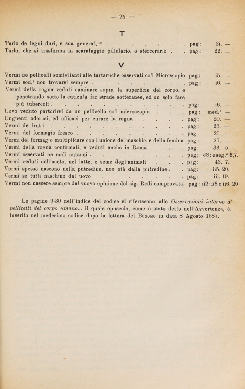 Tarlo de legni duri, e sua generat.ne ..... Tarlo, che si trasforma in scarafaggio pillulario, o stercorario pag: pag: 21. 22. V Vermi ne pelliccili somiglianti alle tartaruche osservati co’l Microscopio pag: Vermi sod.* non trovarsi sempre ........ pag : Vermi della rogna veduti caminare sopra la superficie del corpo, e penetrando sotto la cuticula far strade sotteranee, ed un solo fare più tubercoli. ..pag: Uovo veduto partorirsi da un pelliccilo co’l microscopio . . . pag : Unguenti odorosi, ed efficaci per curare la rogna .... pag: Vermi de frutti. Vermi del formagio fresco ........ Vermi del formagio multiplicare con 1 unione del maschio, e della femina pag : Vermi della rogna confirmati, e veduti anche in Eoma . . . pag: Vermi osservati ne mali cutanei ....... Vermi veduti nell’aceto, nel latte, e seme degl’animali Vermi spesso nascono nella putredine, non già dalla putredine . Vermi se tutti naschino dal uovo . .... pag: pag: 15. 16. i6. med.a 20. 23 25. 27. 33. 5. pag; 38: eseg.6 6,7. pag: 43. 7. pag : ii5. 20. pag : iii. 19. Vermi non nascere sempre dal vuovo opinione del sig. Ledi comprovata, pag: ii2: ii3 e ii6. 20 Le pagine 9-30 nell’indice del codice si riferiscono alle Osservazioni intorno a’ pelliccili del corpo umano... il quale opuscolo, come è stato detto nell’Avvertenza, è. inserito nel medesimo codice dopo la lettera del Bonomo in data 8 Agosto 1687.
