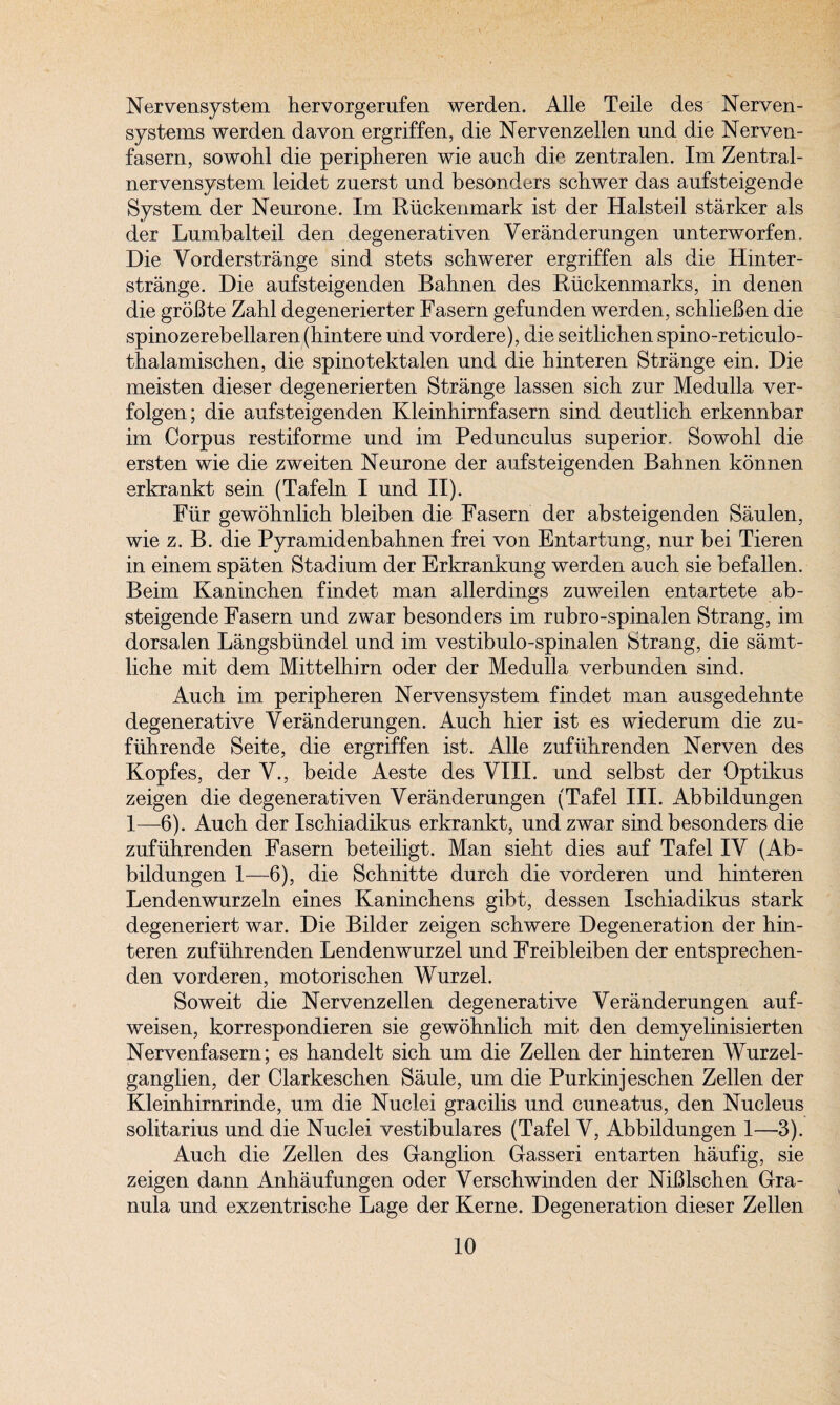 Nervensystem hervorgerufen werden. Alle T'eile des Nerven- systems werden da von ergriffen, die Nervenzellen nnd die Nerven- fasern, sowohl die peripheren wie auch die zentralen. Im Zentral- nervensystem leidet zuerst nnd besonders schwer das aufsteigende System der Neurone. Im Biickenmark ist der Halsteil starker als der Lumbalteil den degenera tiven Yeranderungen unterworfen. Die Vorderstrange sind stets schwerer ergriffen als die Hmter- strange. Die aufsteigenden Bahnen des Riickenmarks, in denen die groBte Zabl degenerierter Fasern gefunden werden, schlieBen die spinozerebellaren (bintere und vordere), die seitlichen spino-reticulo- thalamischen, die spinotektalen und die binteren Strange ein. Die meisten dieser degenerierten Strange lassen sich zur Medulla ver- folgen; die aufsteigenden Kleinbirnfasern sind deutlicb erkennbar im Corpus restiforme und im Pedunculus superior. Sowobl die ersten wie die zweiten Neurone der aufsteigenden Babnen konnen erkrankt sein (Tafeln I und II). Fur gewobnlich bleiben die Fasern der absteigenden Saulen, wie z. B. die Pyramidenbabnen frei von Entartung, nur bei. Tieren in einem spaten Stadium der Erkrankung werden auch sie befallen. Beim Kanincben findet man allerdings zuweilen entartete ab- steigende Fasern und zwar besonders im rubro-spinalen Strang, im dorsalen Langsbundel und im vestibulo-spinalen Strang, die samt- liche mit dem Mittelhirn oder der Medulla verbunden sind. Auch im peripheren Nervensystem findet man ausgedehnte degenerative Yeranderungen. Auch hier ist es wiederum die zu- fuhrende Seite, die ergriffen ist. Alle zufiibrenden Nerven des Kopfes, der V., beide Aeste des YIII. und selbst der Optikus zeigen die degenerativen Yeranderungen (Tafel III. Abbildungen 1—6). Auch der Ischiadikus erkrankt, und zwar sind besonders die zufiibrenden Fasern beteiligt. Man sieht dies auf Tafel IY (Ab¬ bildungen 1—6), die Schnitte durch die vorderen und hinteren Lendenwurzeln eines Kaninchens gibt, dessen Ischiadikus stark degeneriert war. Die Bilder zeigen scbwere Degeneration der hin¬ teren zufiibrenden Lendenwurzel und Freibleiben der entsprechen- den vorderen, motoriscben Wurzel. Soweit die Nervenzellen degenerative Yeranderungen auf- weisen, korrespondieren sie gewobnlich mit den demyelinisierten Nervenfasern; es bandelt sich um die Zellen der binteren Wurzel- ganglien, der Clarkescben Saule, um die Purkinjeschen Zellen der Kleinbirnrinde, um die Nuclei gracilis und cuneatus, den Nucleus solitarius und die Nuclei vestibulares (Tafel V, Abbildungen 1—3). Auch die Zellen des Ganglion Gasseri entarten haufig, sie zeigen dann Anhaufungen oder Yerschwinden der NiBlschen Gra- nula und exzentriscbe Lage der Kerne. Degeneration dieser Zellen