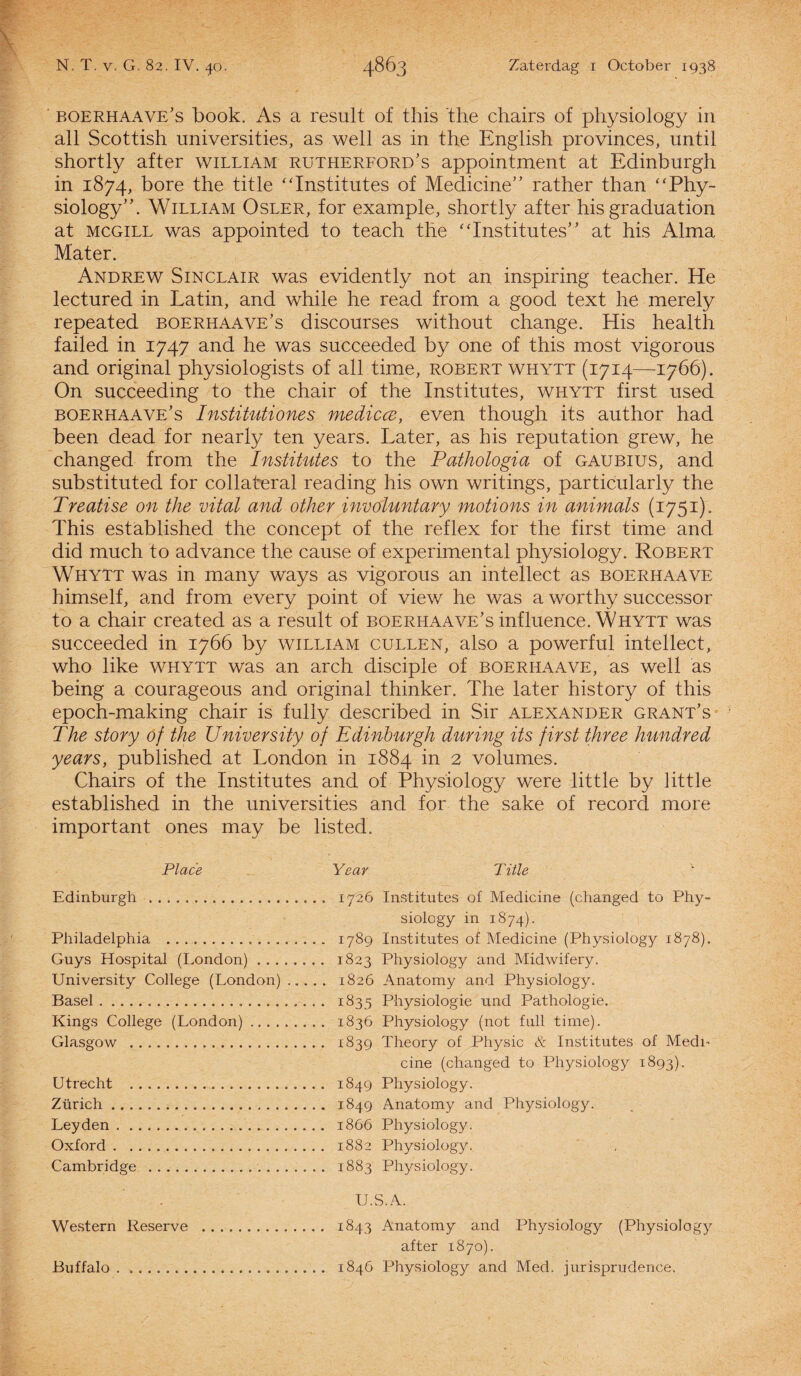 boerhaave’s book. As a result of this ‘the chairs of physiology in all Scottish universities, as well as in the English provinces, until shortly after william rutherford’s appointment at Edinburgh in 1874, bore the title “Institutes of Medicine” rather than “Phy¬ siology”. William Osler, for example, shortly after his graduation at MCGiLL was appointed to teach the “Institutes” at his Alma Mater. Andrew Sinclair was evidently not an inspiring teacher. He lectured in Latin, and while he read from a good text he merely repeated boerhaave’s discourses without change. His health failed in 1747 and he was succeeded by one of this most vigorous and original physiologists of all time, robert whytt (1714—-1766). On succeeding to the chair of the Institutes, whytt first used boerhaave’s Institutiones medicce, even though its author had been dead for nearly ten years. Later, as his reputation grew, he changed from the Institutes to the Pathologia of gaubius, and substituted for collateral reading his own writings, particularly the Treatise on the vital and other involuntary motions in animals (1751). This established the concept of the reflex for the first time and did much to advance the cause of experimental physiology. Robert Whytt was in many ways as vigorous an intellect as boerhaave himself, and from every point of view he was a worthy successor to a chair created as a result of boerhaave’s influence. Whytt was succeeded in 1766 by william cullen, also a powerful intellect, who like whytt was an arch disciple of boerhaave, as well as being a courageous and original thinker. The later history of this epoch-making chair is fuliy described in Sir alexander grant’s The story of the University of Edinburgh during its first three hundred years, published at London in 1884 in 2 volumes. Chairs of the Institutes and of Physiology were little by little established in the universities and for the saké of record more important ones may be listed. Place Year Edinburgh . 1726 Phüadelphia . 1789 Guys Hospital (London). 1823 University College (London). 1826 Basel. 1835 Kings College (London). 1836 Glasgow . 1839 Utrecht . 1849 Zürich. 1849 Leyden. 1866 Oxford. 1882 Cambridge . 1883 Title Institutes of Medicine (changed to Phy¬ siology in 1874). Institutes of Medicine (Physiology 1878). Physiology and Midwifery. Anatomy and Physiology. Physiologie und Pathologie. Physiology (not full time). Theory of Physic & Institutes of Medn cine (changed to Physiology 1893). Physiology. Anatomy and Physiology. Physiology. Physiology. Physiology. U.S.A. Western Reserve . 1843 Anatomy and Physiology (Physiology after 1870). Buffalo. 1846 Physiology and Med. jurisprudence.