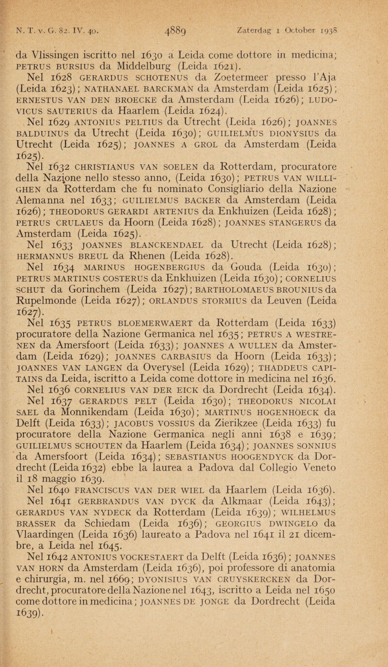 da Vlissingen iscritto nel 1630 a Leida coirie dottore in medicina; petrus BURSius da Middelburg (Leida 1621). Nel 1628 gerardus schotenus da Zoetermcer presso 1’Aja (Leida 1623); nathanael barckman da Amsterdam (Leida 1625)i ernestus van den broecke da Amsterdam (Leida 1626); ludo- vicus SAUTERius da Haarlem (Leida 1624). Nel 1629 ANTONius PELTius da Utrecht (Leida 1626); joannes balduinus da Utrecht (Leida 1630); guilielmus dionysius da Utrecht (Leida 1625); joannes a grol da Amsterdam (Leida 1625) . Nel 1632 CHRISTIANUS van soelen da Rotterdam, procuratore della Nazione nello stesso anno, (Leida 1630); petrus van willi- ghen da Rotterdam che fu nominato Consigliario della Nazione Alemanna nel 1633; guilielmus backer da Amsterdam (Leida 1626) ; THEODORUS gerardi ARTENius da Enkhuizen (Leida 1628); petrus crulaeus da Hoorn (Leida 1628); joannes stangerus da Amsterdam (Leida 1625). Nel 1633 joannes blanckendael da Utrecht (Leida 1628); hermannus breul da Rhenen (Leida 1628). Nel 1634 MARiNUS HOGENBERGius da Gouda (Leida 1630); petrus martinus costerus da Enkhuizen (Leida 1630); cornelius schut da Gorinchem (Leida 1627); bartholomaeus brounius da Rupelmonde (Leida 1627) > orlandus stormius da Leuven (Leida 1627) . Nel 1635 petrus bloemerwaert da Rotterdam (Leida 1633) procuratore della Nazione Germanica nel 1635; petrus a westre- nen da Amersfoort (Leida 1633); joannes a wullen da Amster¬ dam (Leida 1629); joannes carbasius da Hoorn (Leida 1633); joannes van langen da Overysel (Leida 1629); thaddeus capi- tains da Leida, iscritto a Leida come dottore in medicina nel 1636. Nel 1636 cornelius van der eick da Dordrecht (Leida 1634). Nel 1637 gerardus pelt (Leida 1630); theodorus nicolai sael da Monnikendam (Leida 1630); martinus hogenhoeck da Delft (Leida 1633); jacobus vossius da Zierikzee (Leida 1633) fu procuratore della Nazione Germanica negli anni 1638 e 1639; guilielmus schouten da Haarlem (Leida 1634); joannes sonnius da Amersfoort (Leida 1634) > sebastianus hoogendyck da Dor¬ drecht (Leida 1632) ebbe la laurea a Padova dal Collegio Veneto il 18 maggio 1639. Nel 1640 FRANCiscus van der wiel da Haarlem (Leida 1636). Nel 1641 gerbrandus van dyck da Alkmaar (Leida 1643); gerardus van nydeck da Rotterdam (Leida 1639); Wilhelmus brasser da Schiedam (Leida 1636); georgius dwingelo da Vlaardingen (Leida 1636) laureato a Padova nel 1641 il 21 dicem- bre, a Leida nel 1645. Nel 1642 ANTONius vockestaert da Delft (Leida 1636); joannes van horn da Amsterdam (Leida 1636), poi professore di anatomia e chirurgia, m. nel 1669; dyonisius van cruyskercken da Dor¬ drecht, procuratore della Nazione nel 1643, iscritto a Leida nel 1650 come dottore in medicina; joannes de jonge da Dordrecht (Leida 1639)-