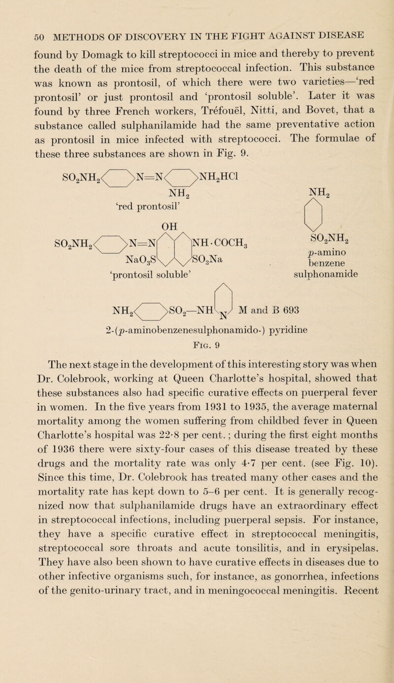 found by Domagk to kill streptococci in mice and thereby to prevent the death of the mice from streptococcal infection. This substance was known as prontosil, of which there were two varieties—Ted prontosil’ or just prontosil and ‘prontosil soluble’. Later it was found by three French workers, Trefouel, Nitti, and Bovet, that a substance called sulphanil amide had the same preventative action as prontosil in mice infected with streptococci. The formulae of these three substances are shown in Fig. 9. S02NH2 N=N NH2HC1 NH, S02NH2 red prontosil’ OH n=n' ]NH • COCHc Na03S\^\yjS03Na ‘prontosil soluble’ NH2 A X/ so2nh2 p-amino benzene sulphonamide SOo—NH xN/ M and B 693 2-(p-aminobenzenesulphonamido-) pyridine Fig. 9 The next stage in the development of this interesting story was when Dr. Colebrook, working at Queen Charlotte’s hospital, showed that these substances also had specific curative effects on puerperal fever in women. In the five years from 1931 to 1935, the average maternal mortality among the women suffering from childbed fever in Queen Charlotte’s hospital was 22-8 per cent.; during the first eight months of 1936 there were sixty-four cases of this disease treated by these drugs and the mortality rate was only 4*7 per cent, (see Fig. 10). Since this time, Dr. Colebrook has treated many other cases and the mortality rate has kept down to 5-6 per cent. It is generally recog¬ nized now that sulphanilamide drugs have an extraordinary effect in streptococcal infections, including puerperal sepsis. For instance, they have a specific curative effect in streptococcal meningitis, streptococcal sore throats and acute tonsilitis, and in erysipelas. They have also been shown to have curative effects in diseases due to other infective organisms such, for instance, as gonorrhea, infections of the genito-urinary tract, and in meningococcal meningitis. Recent