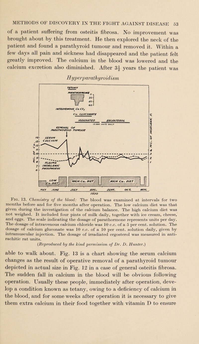 of a patient suffering from osteitis fibrosa. No improvement was brought about by this treatment. He then explored the neck of the patient and found a parathyroid tumour and removed it. Within a few days all pain and sickness had disappeared and the patient felt greatly improved. The calcium in the blood was lowered and the calcium excretion also diminished. After 3f years the patient was Hyperparathyroidism Fig. 13. Chemistry of the blood: The blood was examined at intervals for two months before and for five months after operation. The low calcium diet was that given during the investigation of the calcium balance. The high calcium diet was not weighed. It included four pints of milk daily, together with ice cream, cheese, and eggs. The scale indicating the dosage of parathormone represents units per day. The dosage of intravenous calcium chloride was 10 c.c. of a 5 per cent, solution. The dosage of calcium gluconate was 10 c.c. of a 10 per cent, solution daily, given by intramuscular injection. The dosage of irradiated ergosterol was measured in anti¬ rachitic rat units. (Reproduced by the kind permission of Dr. D. Hunter.) able to walk about. Tig. 13 is a chart showing the serum calcium changes as the result of operative removal of a parathyroid tumour depicted in actual size in Fig. 12 in a case of general osteitis fibrosa. The sudden fall in calcium in the blood will be obvious following operation. Usually these people, immediately after operation, deve¬ lop a condition known as tetany, owing to a deficiency of calcium in the blood, and for some weeks after operation it is necessary to give them extra calcium in their food together with vitamin D to ensure