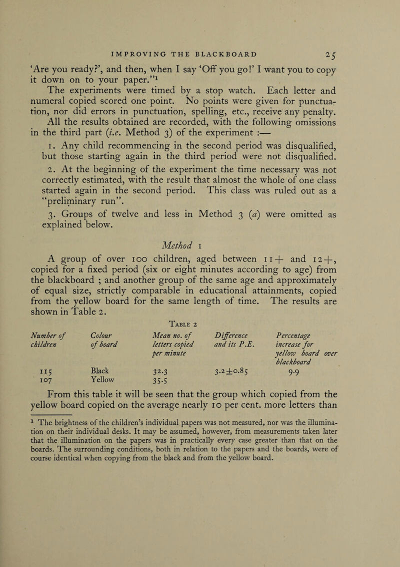 ‘Are you ready?’, and then, when I say ‘Off you go!’ I want you to copy it down on to your paper.”1 The experiments were timed by a stop watch. Each letter and numeral copied scored one point. No points were given for punctua¬ tion, nor did errors in punctuation, spelling, etc., receive any penalty. All the results obtained are recorded, with the following omissions in the third part (i.e. Method 3) of the experiment :— 1. Any child recommencing in the second period was disqualified, but those starting again in the third period were not disqualified. 2. At the beginning of the experiment the time necessary was not correctly estimated, with the result that almost the whole of one class started again in the second period. This class was ruled out as a “preliminary run”. 3. Groups of twelve and less in Method 3 (a) were omitted as explained below. Method 1 A group of over 100 children, aged between 11+ and 12-j-, copied for a fixed period (six or eight minutes according to age) from the blackboard ; and another group of the same age and approximately of equal size, strictly comparable in educational attainments, copied from the yellow board for the same length of time. The results are shown in Table 2. Table 2 Number of Colour Mean no. of Difference Percentage children of board letters copied and its P.E. increase for per minute yellow board over blackboard HS Black 32.3 3.2T0.85 9.9 107 Y ellow 35-5 From this table it will be seen that the group which copied from the yellow board copied on the average nearly 10 per cent, more letters than 1 The brightness of the children’s individual papers was not measured, nor was the illumina¬ tion on their individual desks. It may be assumed, however, from measurements taken later that the illumination on the papers was in practically every case greater than that on the boards. The surrounding conditions, both in relation to the papers and the boards, were of course identical when copying from the black and from the yellow board.