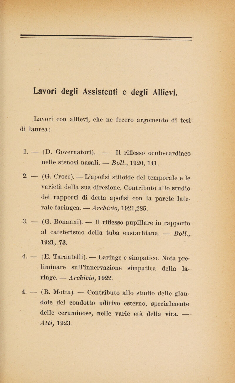 Lavori degli Assistenti e degli Allievi. Lavori con allievi, che ne fecero argomento di tesi di laurea: 1. — (D. Governatori). — Il riflesso oculo-cardiaco nelle stenosi nasali. — Boll., 1920, 141. 2. — (G. Croce). — L’apofisi stiloide del temporale e le varietà della sua direzione. Contributo allo studio dei rapporti di detta apofisi con la parete late¬ rale faringea. — Archivio, 1921,285. 3* (G. Bonanni). — Il riflesso pupillare in rapporto al cateterismo della tuba eustachiana. — Boll., 1921, T3. 4. — (E. Tarantelli). — Laringe e simpatico. Nota pre¬ liminare sull’innervazione simpatica della la¬ ringe. — Archivio, 1922. 4. — (B. Motta). — Contributo allo studio delle glan- dole del condotto uditivo esterno, specialmente delle ceruminose, nelle varie età della vita. —