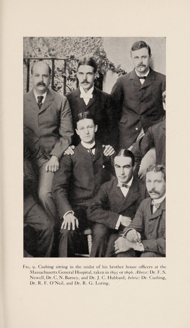 Massachusetts General Hospital, taken in 1895 or 1896. Above: Dr. F. wS. Newell, Dr. C. N. Barney, and Dr. J. C. Hubbard; below: Dr. Cushing, Dr. R. F. O’Neil, and Dr. R. G. Coring.