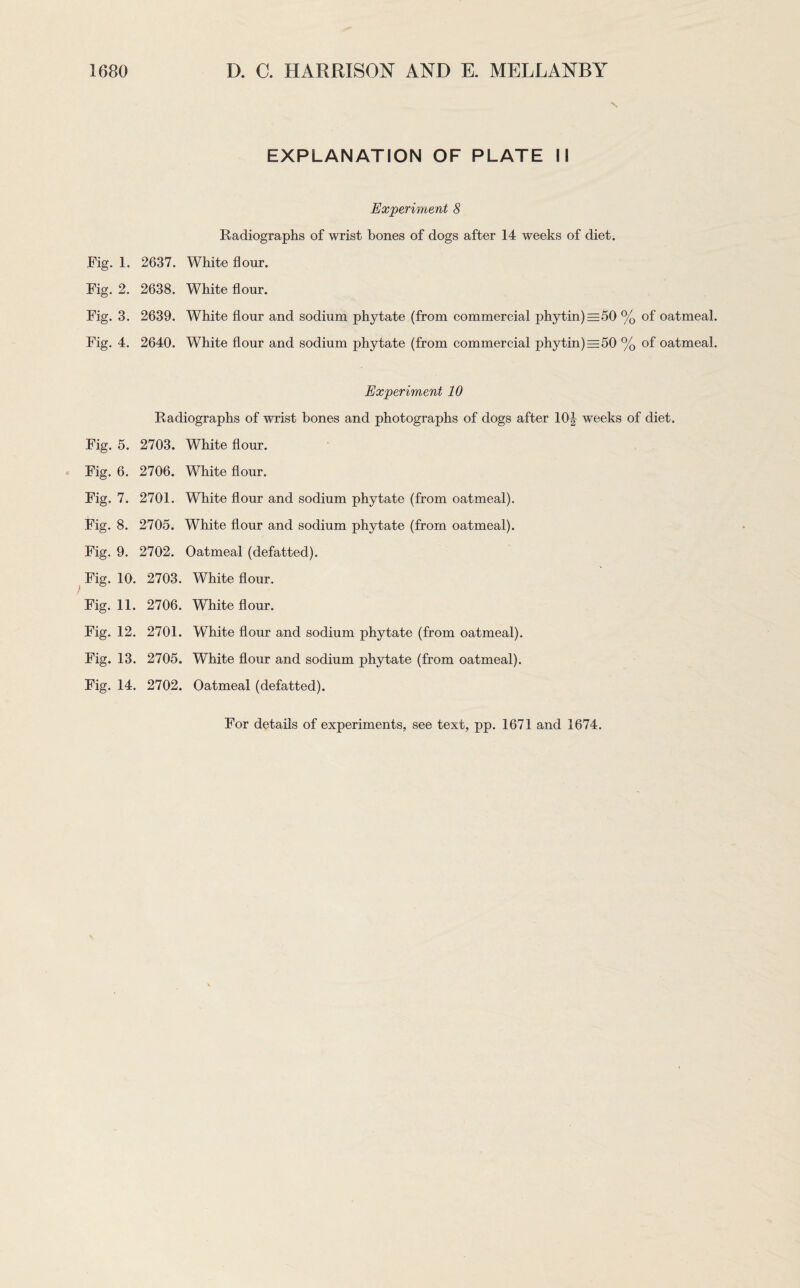 \ EXPLANATION OF PLATE II Fig. 1. Fig. 2. Fig. 3. Fig. 4. Experiment 8 Radiographs of wrist bones of dogs after 14 weeks of diet. 2637. White flour. 2638. White flour. 2639. White flour and sodium phytate (from commercial phytin)=50 % of oatmeal. 2640. White flour and sodium phytate (from commercial phytin)=50 % of oatmeal. Experiment 10 Radiographs of wrist bones and photographs of dogs after 10J weeks of diet. Fig. 5. 2703. White flour. Fig. 6. 2706. White flour. Fig. 7. 2701. White flour and sodium phytate (from oatmeal). Fig. 8. 2705. White flour and sodium phytate (from oatmeal). Fig. 9. 2702. Oatmeal (defatted). Fig. 10. 2703. White flour. Fig. 11. 2706. White flour. Fig. 12. 2701. White flour and sodium phytate (from oatmeal). Fig. 13. 2705. White flour and sodium phytate (from oatmeal). Fig. 14. 2702. Oatmeal (defatted). For details of experiments, see text, pp. 1671 and 1674.