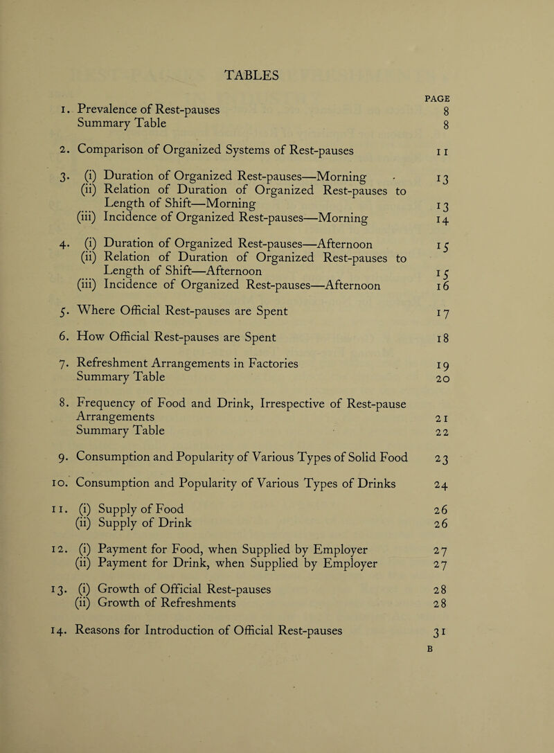 TABLES PAGE 1. Prevalence of Rest-pauses 8 Summary Table 8 2. Comparison of Organized Systems of Rest-pauses 11 3. (i) Duration of Organized Rest-pauses—Morning . 13 (ii) Relation of Duration of Organized Rest-pauses to Length of Shift—Morning 13 (iii) Incidence of Organized Rest-pauses—Morning 14 4. (i) Duration of Organized Rest-pauses—Afternoon 15 (ii) Relation of Duration of Organized Rest-pauses to Length of Shift—Afternoon 15 (iii) Incidence of Organized Rest-pauses—Afternoon 16 5. Where Official Rest-pauses are Spent 17 6. How Official Rest-pauses are Spent 18 7. Refreshment Arrangements in Factories 19 Summary Table 20 8. Frequency of Food and Drink, Irrespective of Rest-pause Arrangements 21 Summary Table • 22 9. Consumption and Popularity of Various Types of Solid Food 23 10. Consumption and Popularity of Various Types of Drinks 24 11. (i) Supply of Food 26 (ii) Supply of Drink 26 12. (i) Payment for Food, when Supplied by Employer 27 (ii) Payment for Drink, when Supplied by Employer 27 13. (i) Growth of Official Rest-pauses 28 (ii) Growth of Refreshments 2 8 14. Reasons for Introduction of Official Rest-pauses 31 B