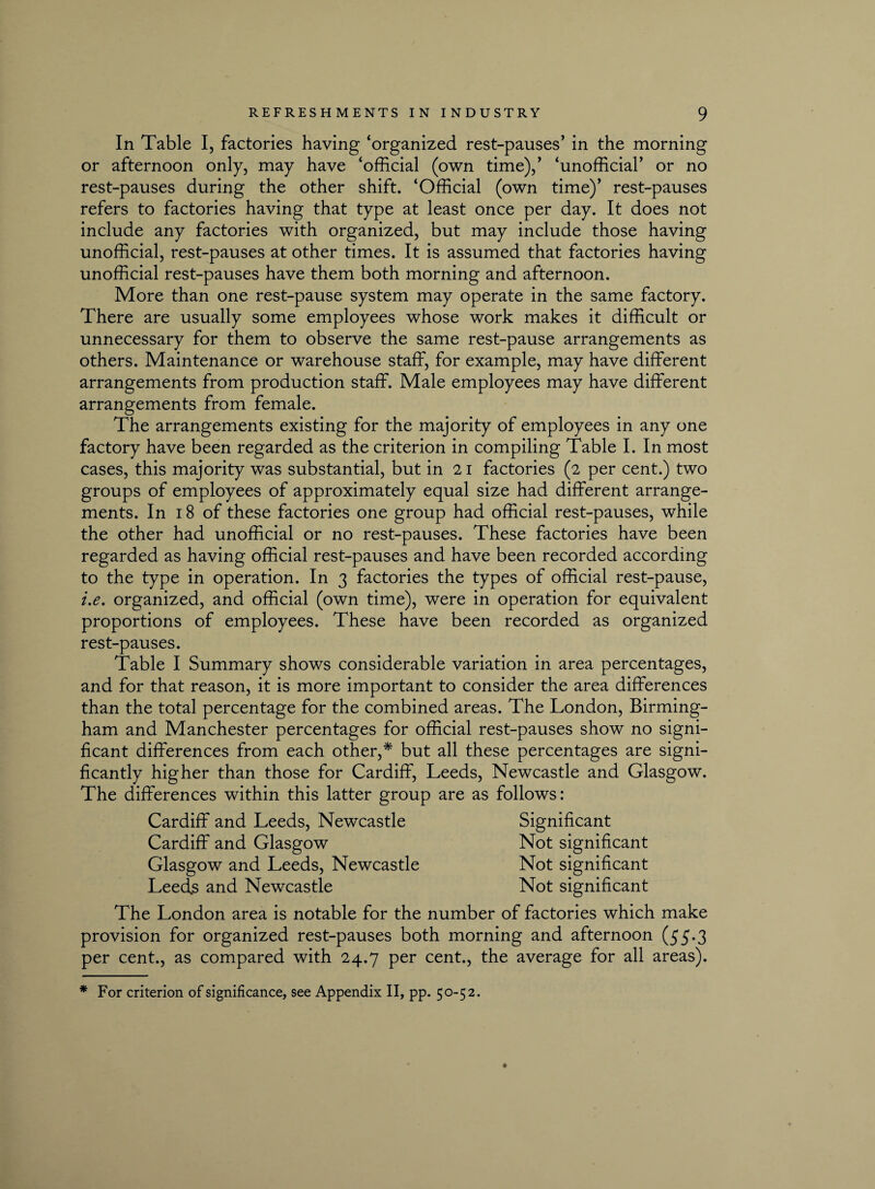 In Table I, factories having ‘organized rest-pauses’ in the morning or afternoon only, may have ‘official (own time),’ ‘unofficial’ or no rest-pauses during the other shift. ‘Official (own time)’ rest-pauses refers to factories having that type at least once per day. It does not include any factories with organized, but may include those having unofficial, rest-pauses at other times. It is assumed that factories having unofficial rest-pauses have them both morning and afternoon. More than one rest-pause system may operate in the same factory. There are usually some employees whose work makes it difficult or unnecessary for them to observe the same rest-pause arrangements as others. Maintenance or warehouse staff, for example, may have different arrangements from production staff. Male employees may have different arrangements from female. The arrangements existing for the majority of employees in any one factory have been regarded as the criterion in compiling Table I. In most cases, this majority was substantial, but in 21 factories (2 per cent.) two groups of employees of approximately equal size had different arrange¬ ments. In 18 of these factories one group had official rest-pauses, while the other had unofficial or no rest-pauses. These factories have been regarded as having official rest-pauses and have been recorded according to the type in operation. In 3 factories the types of official rest-pause, i.e. organized, and official (own time), were in operation for equivalent proportions of employees. These have been recorded as organized rest-pauses. Table I Summary shows considerable variation in area percentages, and for that reason, it is more important to consider the area differences than the total percentage for the combined areas. The London, Birming¬ ham and Manchester percentages for official rest-pauses show no signi¬ ficant differences from each other,* but all these percentages are signi¬ ficantly higher than those for Cardiff, Leeds, Newcastle and Glasgow. The differences within this latter group are as follows: Cardiff and Leeds, Newcastle Significant Cardiff and Glasgow Not significant Glasgow and Leeds, Newcastle Not significant Leeds and Newcastle Not significant The London area is notable for the number of factories which make provision for organized rest-pauses both morning and afternoon (55*3 per cent., as compared with 24.7 per cent., the average for all areas). * For criterion of significance, see Appendix II, pp. 50-52.