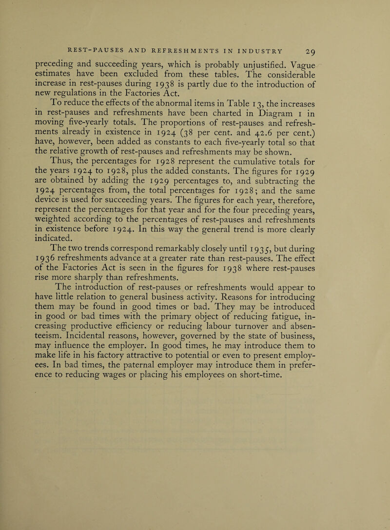 preceding and succeeding years, which is probably unjustified. Vague estimates have been excluded from these tables. The considerable increase in rest-pauses during 1938 is partly due to the introduction of new regulations in the Factories Act. To reduce the effects of the abnormal items in Table 13, the increases in rest-pauses and refreshments have been charted in Diagram 1 in moving five-yearly totals. The proportions of rest-pauses and refresh¬ ments already in existence in 1924 (38 per cent, and 42.6 per cent.) have, however, been added as constants to each five-yearly total so that the relative growth of rest-pauses and refreshments may be shown. Thus, the percentages for 1928 represent the cumulative totals for the years 1924 to 1928, plus the added constants. The figures for 1929 are obtained by adding the 1929 percentages to, and subtracting the 1924 percentages from, the total percentages for 1928; and the same device is used for succeeding years. The figures for each year, therefore, represent the percentages for that year and for the four preceding years, weighted according to the percentages of rest-pauses and refreshments in existence before 1924. In this way the general trend is more clearly indicated. The two trends correspond remarkably closely until 1935, but during 1936 refreshments advance at a greater rate than rest-pauses. The effect of the Factories Act is seen in the figures for 1938 where rest-pauses rise more sharply than refreshments. The introduction of rest-pauses or refreshments would appear to have little relation to general business activity. Reasons for introducing them may be found in good times or bad. They may be introduced in good or bad times with the primary object of reducing fatigue, in¬ creasing productive efficiency or reducing labour turnover and absen¬ teeism. Incidental reasons, however, governed by the state of business, may influence the employer. In good times, he may introduce them to make life in his factory attractive to potential or even to present employ¬ ees. In bad times, the paternal employer may introduce them in prefer¬ ence to reducing wages or placing his employees on short-time.