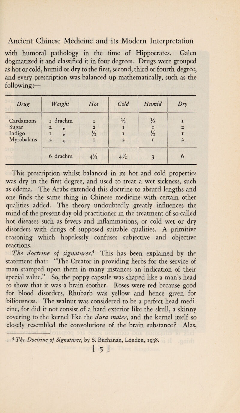 with humoral pathology in the time of Hippocrates. Galen dogmatized it and classified it in four degrees. Drugs were grouped as hot or cold, humid or dry to the first, second, third or fourth degree, and every prescription was balanced up mathematically, such as the following:— Drug Weight Hot Cold Humid Dry Cardamons 1 drachm 1 Vi 54 1 Sugar 2 1 I 2 Indigo 1 „ 54 1 54 1 Myrobalans I 2 I 2 6 drachm 4 54 454 3 6 This prescription whilst balanced in its hot and cold properties was dry in the first degree, and used to treat a wet sickness, such as edema. The Arabs extended this doctrine to absurd lengths and one finds the same thing in Chinese medicine with certain other qualities added. The theory undoubtedly greatly influences the mind of the present-day old practitioner in the treatment of so-called hot diseases such as fevers and inflammations, or cold wet or dry disorders with drugs of supposed suitable qualities. A primitive reasoning which hopelessly confuses subjective and objective reactions. The doctrine of signatures.4 This has been explained by the statement that: “The Creator in providing herbs for the service of man stamped upon them in many instances an indication of their special value.” So, the poppy capsule was shaped like a man’s head to show that it was a brain soother. Roses were red because good for blood disorders, Rhubarb was yellow and hence given for biliousness. The walnut was considered to be a perfect head medi¬ cine, for did it not consist of a hard exterior like the skull, a skinny covering to the kernel like the dura mater, and the kernel itself so closely resembled the convolutions of the brain substance? Alas, 4 The Doctrine of Signatures, by S. Buchanan, London, 1938.