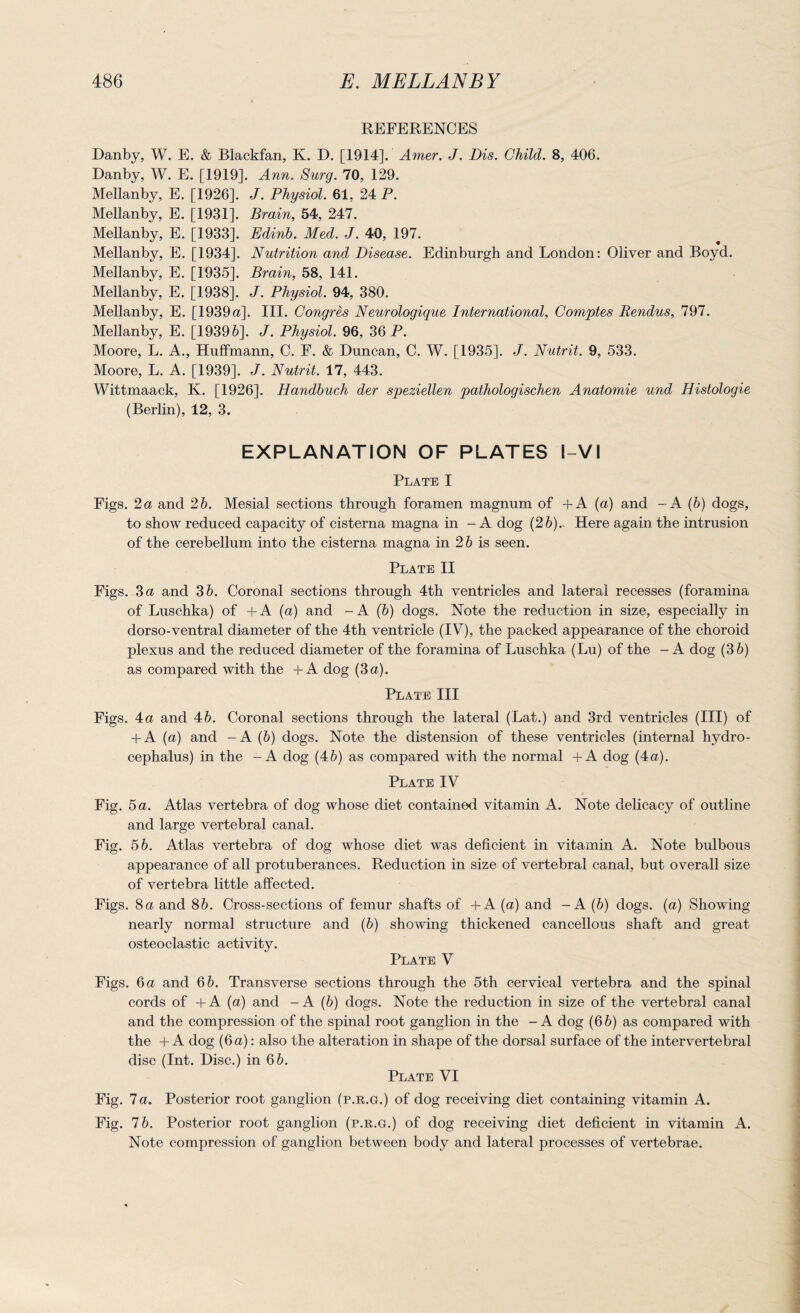 REFERENCES Danby, W. E. & Blackfan, K. D. [1914]. Amer. J. Dis. Child. 8, 406. Danby, W. E. [1919], Ann. Burg. 70, 129. Mellanby, E. [1926]. J. Physiol. 61, 24 P. Mellanby, E. [1931]. Brain, 54, 247. Mellanby, E. [1933]. Edinb. Med. J. 40, 197. Mellanby, E. [1934], Nutrition and Disease. Edinburgh and London: Oliver and Boyd. Mellanby, E. [1935]. Brain, 58, 141. Mellanby, E. [1938]. J. Physiol. 94, 380. Mellanby, E. [1939a]. III. Congres Neurologique International, Comptes Rendus, 797. Mellanby, E. [19396]. J. Physiol. 96, 36 P. Moore, L. A., Huffmann, C. F. & Duncan, C. W. [1935]. J. Nutrit. 9, 533. Moore, L. A. [1939]. J. Nutrit. 17, 443. Wittmaack, K. [1926]. Handbuch der speziellen paihologischen Anatomie und Histologie (Berlin), 12, 3. EXPLANATION OF PLATES l-VI Plate I Figs. 2a and 2b. Mesial sections through foramen magnum of +A (a) and -A (b) dogs, to show reduced capacity of cisterna magna in - A dog (26).. Here again the intrusion of the cerebellum into the cisterna magna in 26 is seen. Plate II Figs. 3 a and 36. Coronal sections through 4th ventricles and lateral recesses (foramina of Luschka) of -f A (a) and -A (6) dogs. Note the reduction in size, especially in dorso-ventral diameter of the 4th ventricle (IV), the packed appearance of the choroid plexus and the reduced diameter of the foramina of Luschka (Lu) of the -A dog (36) as compared with the + A dog (3a). Plate III Figs. 4a and 46. Coronal sections through the lateral (Lat.) and 3rd ventricles (III) of + A (a) and -A (6) dogs. Note the distension of these ventricles (internal hydro¬ cephalus) in the -A dog (46) as compared with the normal +A dog (4a). Plate IV Fig. 5 a. Atlas vertebra of dog whose diet contained vitamin A. Note delicacy of outline and large vertebral canal. Fig. 56. Atlas vertebra of dog whose diet was deficient in vitamin A. Note bulbous appearance of all protuberances. Reduction in size of vertebral canal, but overall size of vertebra little affected. Figs. 8a and 86. Cross-sections of femur shafts of +A (a) and - A (6) dogs, (a) Showing nearly normal structure and (6) showing thickened cancellous shaft and great osteoclastic activity. Plate V Figs. 6 a and 66. Transverse sections through the 5th cervical vertebra and the spinal cords of +A (a) and -A (6) dogs. Note the reduction in size of the vertebral canal and the compression of the spinal root ganglion in the - A dog (66) as compared with the + A dog (6 a): also the alteration in shape of the dorsal surface of the intervertebral disc (Int. Disc.) in 66. Plate VI Fig. 7a. Posterior root ganglion (p.r.g.) of dog receiving diet containing vitamin A. Fig. 76. Posterior root ganglion (p.r.g.) of dog receiving diet deficient in vitamin A. Note compression of ganglion between body and lateral processes of vertebrae.