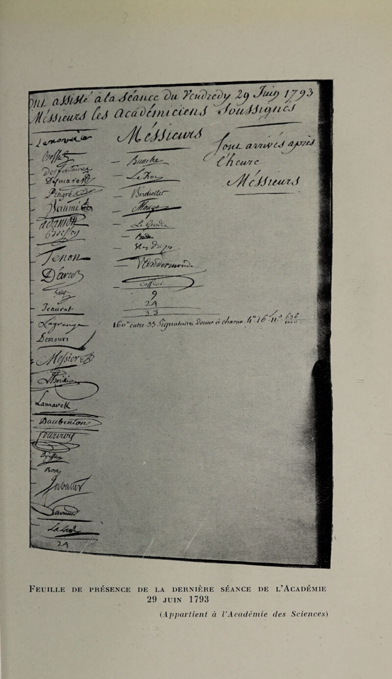 «Ê$ <3 £* 6 r tt/fr/i’ Feuille de présence de la dernière séance de 29 juin 1793 l’Académie (Appartient à l’Académie des Sciences)