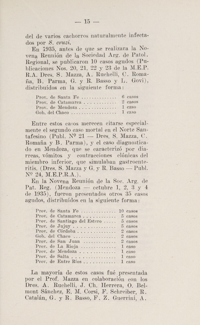 del de varios cachorros naturalmente infecta¬ dos por S. crnizi. En 1935, antes de que se realizara la No¬ vena Reunión de la Sociedad Arg. de Patol. Regional, se publicaron 10 casos agudos (Pu¬ blicaciones Nos. 20, 21, 22 y 23 de la M.E.P. R.A. Dres. S. Mazza, A. Rnclielli, C. Roma- ña, B. Parma, G. y R. Basso y L. Govi), distribuidos en la siguiente forma: Prov. de Santa Pe . 6 casos Prov. de Catainarea. 2 casos Prov. de Mendoza. 1 caso Gob. del Chaco. 1 caso Entre estos caíos merecen citarse especial¬ mente el segundo caso mortal en el Norte San- tafesino (Publ. N^ 21 — Dres. S. Mazza, C. Romaña y B. Parma), y el caso diagnostica¬ do en Mendoza, que se caracterizó por dia¬ rreas, vómitos y contracciones clónicas del miembro inferior, que simulaban gastroente¬ ritis. (Dres. S. Mazza v G. v R. Basso —- Publ. N^ 24, M.E.P.R.A.). ‘ En la Novena Reunión de la Soc. Arg. de Pat. Reg. (Mendoza — octubre 1, 2, 3 y 4 de 1935), fueron presentados otros 35 casos agudos, distribuidos en la siguiente forma: Prov. de Santa Fe. 10 casos Prov. de Catamarca. 5 casos Prov. de Santiago del Estero. 5 casos Prov. de Jujuy . .. 5 casos Prov. de Córdoba. 2 casos Gob. del Chaco . 2 casos Prov. de San Juan . 2 casos Prov. de La Eioja . 1 caso Prov. de Mendoza. 1 caso Prov. de Salta. 1 caso Prov. de Entre Eíos. 1 caso La mayoria de estos casos fué presentada por el Prof. Mazza en colaboración con los Dres. A. Ruchelli, J. Ch. Herrera, O. Bel- mont Sánchez, E. M. Corsi, P. Schreiber, R. Catalán, G. y R. Basso, E. Z. Guerrini, A.