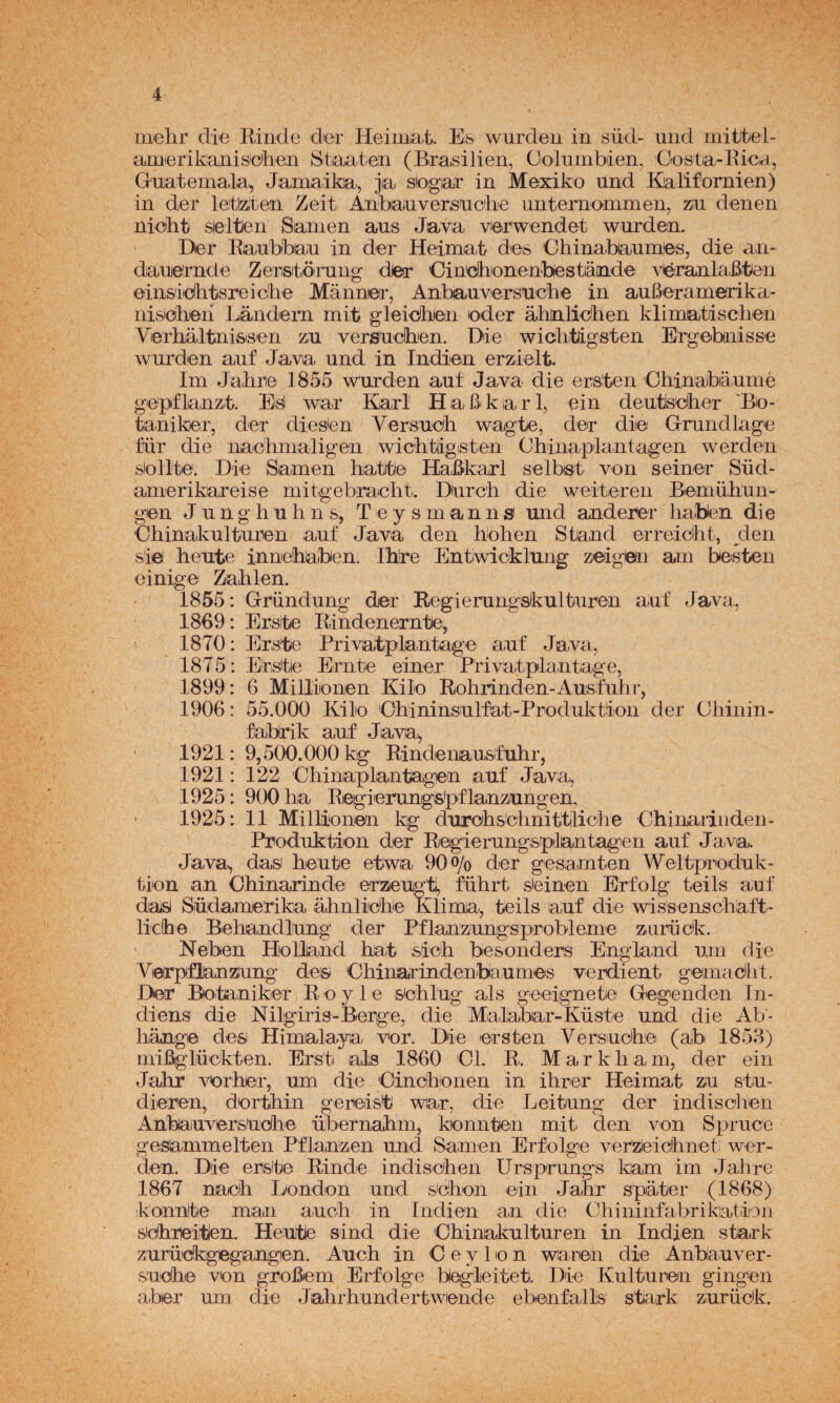 mehr die Rindo der Heiinat. Efe wurden in süd- uiid mitftel- íimierikaxiis'Cílien Staaten (Birasilien, Coluinbien, Costa-Ricd, Guatemala^ Janiaika, ja sioigar in Mexiko und Kalifornien) in der leitiziten Zeiti Anbauvensiicke untemommen, ziu denen niolit sieltlen Samen ans Javia vieiwendet wurden. Der Raubbaiu in der Heimat defe Chinabaumies, die an- dauernde Zensitorung der Cin'cíhionenbestiánde véranlaBtien oin&icíhtsreicbe Mánner, Anbauversuche in auBeramefrika- nifeidlieri Lándem miit gleidlren loder ahmlicben klimatisclien Verbáltnisisen zu versucíhen. Die wichitligsten Ergebnisse wurden auf Java und in Indien erzielt. Im Jalire 1855 wurden auí Java die ersten Ohinaibiaumé gepflanzk Esi war Karl Hafi'karl, ein deutiseíheT 'Be- tianiker, der diesten Versueh wagte, der die Drundlage Mr die nacbinaligen wichtiigsten Chinaplantiagen werden feiollte. Die Samen hatfb© HaBkarl selbist von seiner Süd- amerikareise mitgebraicht. Dnrch die weitereii Bemüliun- gien Junghuhnfe, Teysmanns und anderer liaben die Ohinakulturen auf Java den bohen Stand erreicbt, den feie heute inne'haben. Ihire Entwicklung zeigíein am befeten einige Zablen. 1855: Gründung der RegierungsikuRuren auf Java, 1869: Ersite Rindenerntle^ 1870: Erste Privatplantage auf Java, 1875: Erifeltie Ernte einer Privatplantage, 1899: 6 Milliionjen Kilo Rohrinden-Ausfuhi’, 1906: 55.000 Kilo 'Ohininsulfat-Produktion der Chinin- fabrik auf Java^ 1921: 9,500.000 kg Rindeimusfulir, 1921: 122 'Chinaplantagen auf Java, 1925: 900 ha RiegierungSlpflanzungen, ' 1925: 11 Milli'onen kg dttrehsChnititliche Ohinariiiden- Produktion der Regierungfeplantagen auf Java. Java, dasi heute etwa 90 o/o der gesamten Weltpreduk- tion an Chinarinde eraeugti, führt steinen Erfolg teils auf da^ Südamerika lahnlichie Klima, teils auf die wis'senschaft- liche Behandlung der Pflanzungsprobleme z.urück. Neben Holland hat sieh befeonders England um die Verpflanaung deis 'Chinarindeiibaumes verdient gemadlit. Der Botaniker R o y 1 e sichlug ais geeignete Gegenden In- diens die Nilgiris-Berge, die Malabar-Küste und die Ab- hánge de& Himalaya. vor. Die ersten Versuche (ab 1853) mihigliückten. Erst ais 1860 OI. R. Markham, der ein Jahr vorher, um die Oinchonen in ihrer Heimat ziu stu- dieren, dorthin gereisli war, die Leitung der indisolien AnbaiuverfeUdhe übernaihm, kionnten mi ti den von Spruce gesammelten Pflanzen und Samen Erfolge verzieidhnef wer¬ den. Die ersite Rinde indischen Ursprungs im Jahre 1867 naeh London und &dhon ein Jahr spater (1868) ikonnite man auoh in Indien an die Chininfabrikatiou feidhreiften. Heutle sind die Ohinakulturen in Indien stark zurückgegangen. Auch in O e y 1 lO n waren die Anbauver- feudhe von grofiiem Erfolge b^gleitet. Die Kulturen gingen a.ber um die Jiahrhundertwiende ebenfalls' stark zurück.