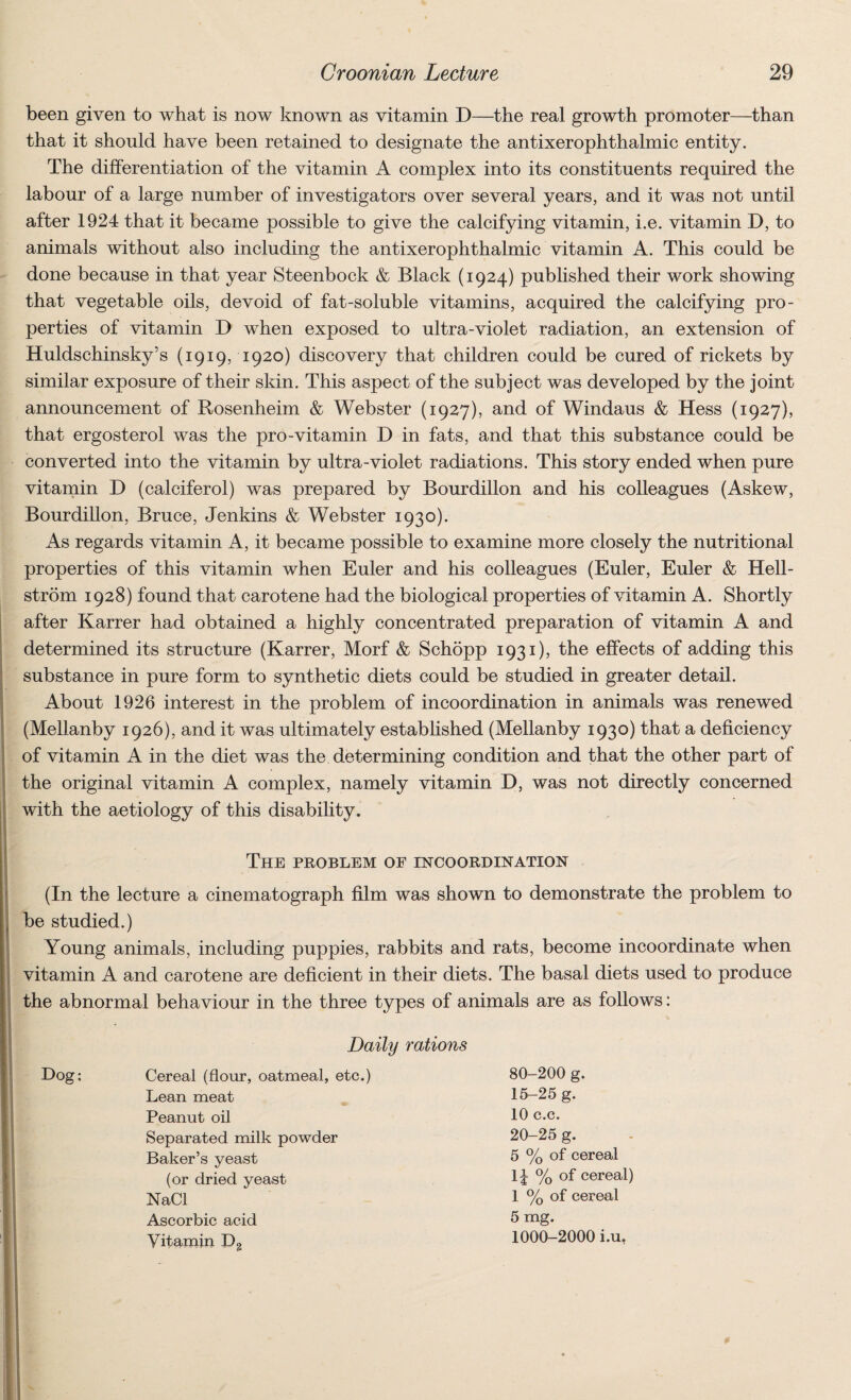 been given to what is now known as vitamin D—the real growth promoter—than that it should have been retained to designate the antixerophthalmic entity. The differentiation of the vitamin A complex into its constituents required the labour of a large number of investigators over several years, and it was not until after 1924 that it became possible to give the calcifying vitamin, i.e. vitamin D, to animals without also including the antixerophthalmic vitamin A. This could be done because in that year Steenbock & Black (1924) published their work showing that vegetable oils, devoid of fat-soluble vitamins, acquired the calcifying pro¬ perties of vitamin D when exposed to ultra-violet radiation, an extension of Huldschinsky’s (1919, 1920) discovery that children could be cured of rickets by similar exposure of their skin. This aspect of the subject was developed by the joint announcement of Rosenheim & Webster (1927), and of Windaus & Hess (1927), that ergosterol was the pro-vitamin D in fats, and that this substance could be converted into the vitamin by ultra-violet radiations. This story ended when pure vitamin D (calciferol) was prepared by Bourdillon and his colleagues (Askew, Bourdillon, Bruce, Jenkins & Webster 1930). As regards vitamin A, it became possible to examine more closely the nutritional properties of this vitamin when Euler and his colleagues (Euler, Euler & Hell- strdm 1928) found that carotene had the biological properties of vitamin A. Shortly after Karrer had obtained a highly concentrated preparation of vitamin A and determined its structure (Karrer, Morf & Schdpp 1931), the effects of adding this substance in pure form to synthetic diets could be studied in greater detail. About 1926 interest in the problem of incoordination in animals was renewed (Mellanby 1926), and it was ultimately established (Mellanby 1930) that a deficiency of vitamin A in the diet was the determining condition and that the other part of the original vitamin A complex, namely vitamin D, was not directly concerned with the aetiology of this disability. The problem of incoordination (In the lecture a cinematograph film was shown to demonstrate the problem to be studied.) Young animals, including puppies, rabbits and rats, become incoordinate when vitamin A and carotene are deficient in their diets. The basal diets used to produce the abnormal behaviour in the three types of animals are as follows: Dog: I Daily rations Cereal (flour, oatmeal, etc.) Lean meat Peanut oil Separated milk powder Baker’s yeast (or dried yeast NaCl Ascorbic acid Vitamin P2 80-200 g. 15-25 g. 10 c.c. 20-25 g. 5 % of cereal 1J % of cereal) 1 % of cereal 5 mg. 1000-2000 i.u,