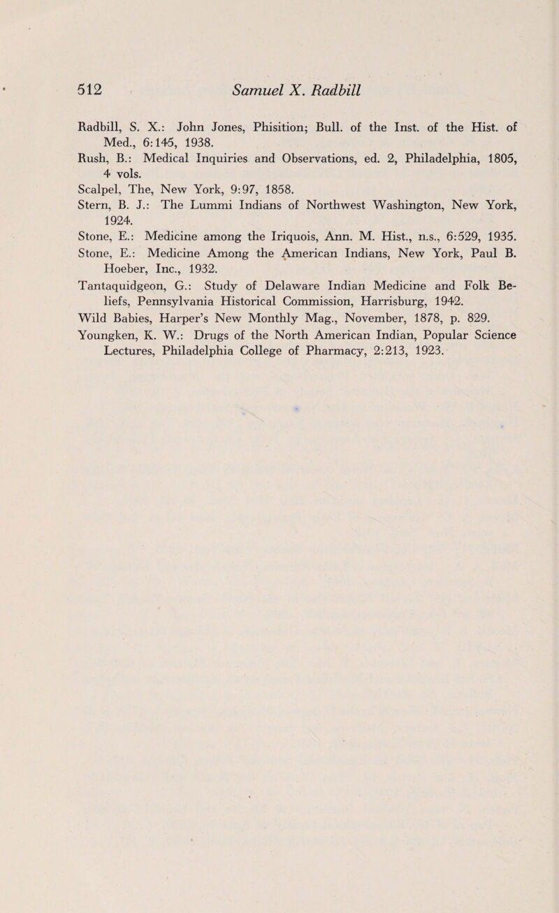 Radbill, S. X.: John Jones, Phisition; Bull, of the Inst, of the Hist, of Med., 6:145, 1938. Rush, B.: Medical Inquiries and Observations, ed. 2, Philadelphia, 1805, 4 vols. Scalpel, The, New York, 9:97, 1858. Stern, B. J.: The Lummi Indians of Northwest Washington, New York, 1924. Stone, E.: Medicine among the Iriquois, Ann. M. Hist., n.s., 6:529, 1935. Stone, E.: Medicine Among the American Indians, New York, Paul B. Hoeber, Inc., 1932. Tantaquidgeon, G.: Study of Delaware Indian Medicine and Folk Be¬ liefs, Pennsylvania Historical Commission, Harrisburg, 1942. Wild Babies, Harper’s New Monthly Mag., November, 1878, p. 829. Youngken, K. W.: Drugs of the North American Indian, Popular Science Lectures, Philadelphia College of Pharmacy, 2:213, 1923.