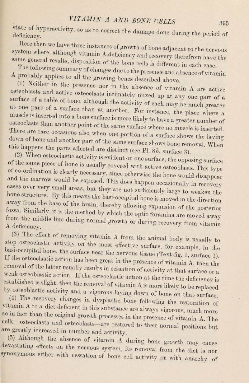 Sciely”™**’ ” “ “o ““ '>«“» 0'i»S »h. p,„d of .„.Tr“ *0“ .'‘r* “(growth of bono t« ,h, y m w ere, although vitamin A deficiency and recovery therefrom have the A mohlW rTIf ■*”•«thepiroonoo,nd.b,o„.of A probab y applies to all the growing bones described above. ( ) either in the presence nor in the absence of vitamin A are active osteoblasts and active osteoclasts intimately mixed up at any one part of a rin? oLVo? f the activity of each may be much greater one partr of a surface than at another. For instance, the place where a muscle is inserted into a bone surface is more likely to have a greater number of osteoclasts than another point of the same surface where no muscle is mlrtef There are rare occasions also when one portion of a surface shows theTaXg down of bone and another part of the same surface shows bone removal Whef IS happens the parts affected are distinct (see PI. 86, surface 3). (2) \\hen osteoclastic activity is evident on one surface, the opposimi surface of the same piece of bone is usually covered with active osteoblasts. This type of co-ordmation is clearly necessary, since otherwise the bone would disappear and the marrow wou d be exposed. This does happen occasionally in recovery ronTsZVu^ rth I-ge to weaken thi awav from the’ b ^ f tlTT ^‘“-occipital bone is moved in the direction away from the base of the brain, thereby allowing expansion of the posterior (3) The effect of removing vitamin A from the animal body is usually to stop osteoclastic activity on the most effective surface, for example, in the basnocoipital bone, the surface near the nervous tissue (Text-fig. 1, surface 1) e osteoclastic action has been great in the presence of vitamin A, then the removal of the latter usually results in cessation of activity at that surface or a weak osteoblastic action. If the osteoclastic action at the time the deficiency il tabhshed IS slight, then the removal of vitamin A is more likely to be replaced y osteoblastic activity and a vigorous laying down of bone on that surface. . ® c anges in dysplastic bone following tbe restoration of sTfuTct t^ th'* * v' '^ig^ous, much more so n fact than the original growth processes in the presence of vitamin A The cells-osteoclasts and osteoblasts-are restored to their normal positions but are greatly increased in number and activity. (6) Although the absence of vitamin A during bone growth may cause devastating effects on the nervous system, its removal from the diet is not synonymous either with cessation of bone cell activity or with anatiy of