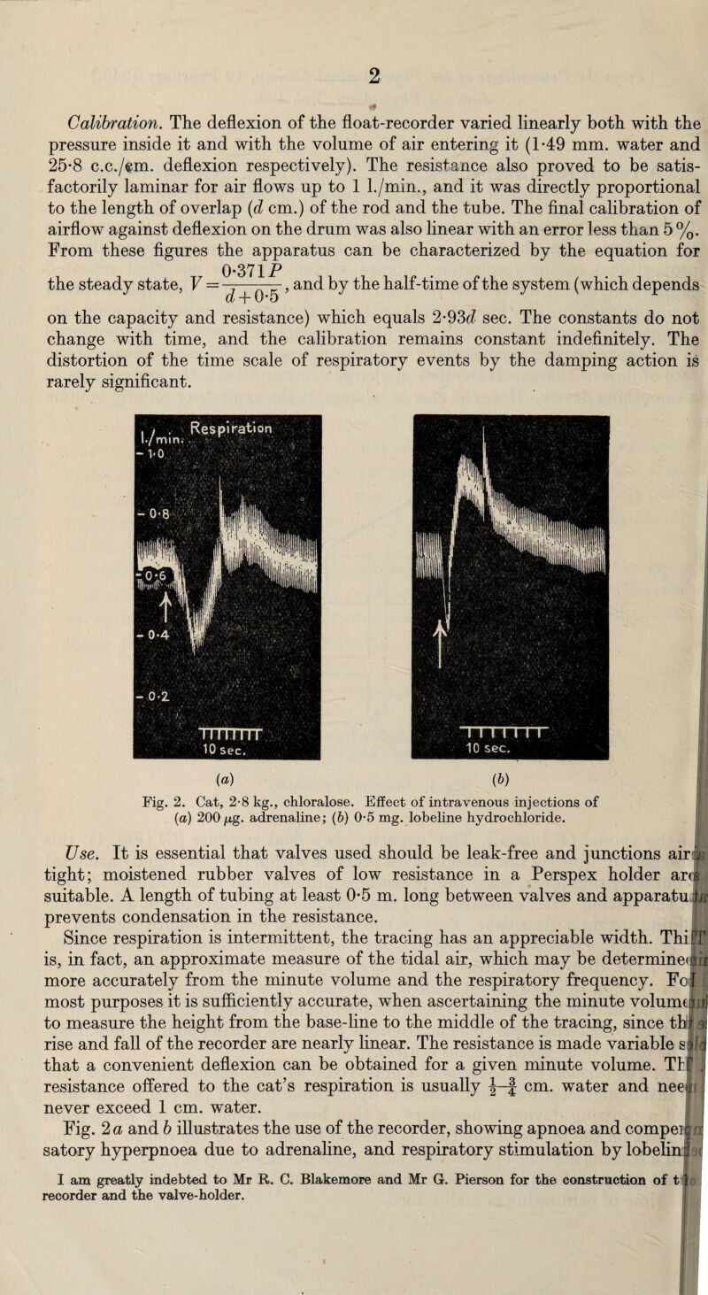 2 Calibration. The deflexion of the float-recorder varied linearly both with the pressure inside it and with the volume of air entering it (T49 mm. water and 25-8 c.c./$m. deflexion respectively). The resistance also proved to be satis¬ factorily laminar for air flows up to 1 l./min., and it was directly proportional to the length of overlap (d cm.) of the rod and the tube. The final calibration of airflow against deflexion on the drum was also linear with an error less than 5 %. From these figures the apparatus can be characterized by the equation for the steady state, V = 0-371P d + 0-5 and by the half-time of the system (which depends on the capacity and resistance) which equals 2-93d sec. The constants do not change with time, and the calibration remains constant indefinitely. The distortion of the time scale of respiratory events by the damping action is rarely significant. (a) (b) Fig. 2. Cat, 2-8 kg., chloralose. Effect of intravenous injections of (a) 200 jug. adrenaline; (b) 0*5 mg. lobeline hydrochloride. Use. It is essential that valves used should be leak-free and junctions air® tight; moistened rubber valves of low resistance in a Perspex holder ar<g suitable. A length of tubing at least 0-5 m. long between valves and apparatus prevents condensation in the resistance. Since respiration is intermittent, the tracing has an appreciable width. Thipj is, in fact, an approximate measure of the tidal air, which may be determinetak more accurately from the minute volume and the respiratory frequency. Fot { most purposes it is sufficiently accurate, when ascertaining the minute volunugu] to measure the height from the base-line to the middle of the tracing, since thi J rise and fall of the recorder are nearly linear. The resistance is made variable s|f| that a convenient deflexion can be obtained for a given minute volume. Ttjf . resistance offered to the cat’s respiration is usually cm. water and nee mi never exceed 1 cm. water. Fig. 2 a and b illustrates the use of the recorder, showing apnoea and compel satory hyperpnoea due to adrenaline, and respiratory stimulation by lobelini; I am greatly indebted to Mr R. C. Blakemore and Mr G. Pierson for the construction of tf recorder and the valve-holder. i