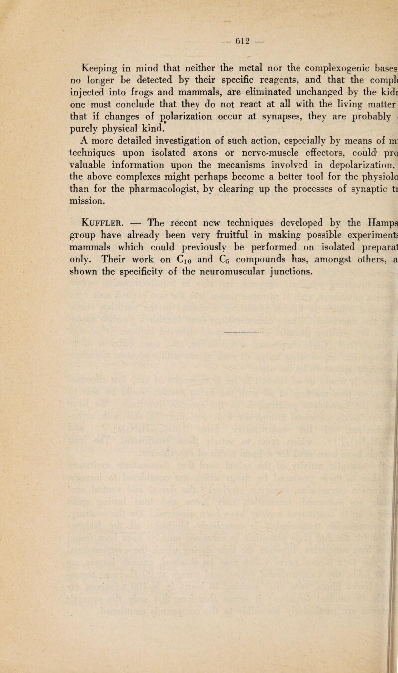 Keeping in mind that neither the metal nor the complexogenic bases no longer be detected by their specific reagents, and that the comph injected into frogs and mammals, are eliminated unchanged by the kidr one must conclude that they do not react at all with the living matter that if changes of pjolarization occur at synapses, they are probably < purely physical kind. A more detailed investigation of such action, especially by means of mi techniques upon isolated axons or nerve-muscle effectors, could pro valuable information upon the mecanisms involved in depolarization, the above complexes might perhaps become a better tool for the physiolo than for the pharmacologist, by clearing up the processes of synaptic ti mission. Kuffler. — The recent new techniques developed by the Hamps group have already been very fruitful in making possible experiments mammals which could previously be performed on isolated preparat only. Their work on Cjo and C5 compounds has, amongst others, a shown the specificity of the neuromuscular junctions.
