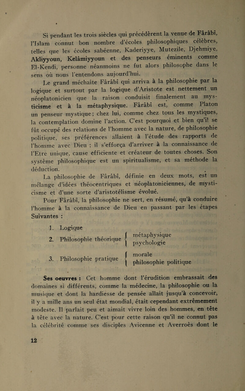 Si pendant les trois siècles qui précédèrent la venue de Fârâbî, l’Islam connut bon nombre d’écoles philosophiques célèbres, telles que les écoles sabécnne, Kaderiyye, Mutezile, Djehmiye, Akliyyoun, Kelâmiyyoun et des penseurs éminents comme El-Kendi, personne néanmoins ne fut alors philosophe dans le sens où nous l’entendons aujourd’hui. Ee grand méchaite Fârâbî qui arriva a la philosophie par la logique et surtout par la logique d’Aristote est nettement un néoplatonicien que la raison conduisit finalement au mys¬ ticisme et à la métaphysique. Fârâbî est, comme Platon un penseur mystique ; chez lui, comme chez tous les mystiques, la contemplation domine l’action. C’est pourquoi et bien qu il se fût occupé des relations de l’homme avec la nature, de philosophie politique, ses préférences allaient à l’étude des rapports de l’homme avec Dieu il s efforça d arriver a la connaissance de l’Etre unique, cause efficiente et créateur de toutes choses. Son système philosophique est un spiritualisme, et sa méthode la déduction. La philosophie de Fârâbî, définie en deux mots, est un mélange d’idées théocentriques et néoplatoniciennes, de mysti¬ cisme et d’une sorte d’aristotélisme évolué. Pour Fârâbî, la philosophie ne sert, en résumé, qu’à conduire l’homme à la connaissance de Dieu en passant par les étapes Suivantes : 1. Logique 2. Philosophie théorique 3. Philosophie pratique * Ses oeuvres : Cet homme dont l’érudition embrassait des domaines si différents, comme la médecine, la philosophie ou la musique et dont la hardiesse de pensée allait jusqu’à concevoir, 11 y a mille ans un seul état mondial, était cependant extrêmement modeste. Il parlait peu et aimait vivre loin des hommes, en tête à tête avec la nature. C'est pour cette raison qu’il ne connut pas la célébrité comme ses disciples Avicenne et Averroès dont le 12 métaphysique psychologie morale philosophie politique i