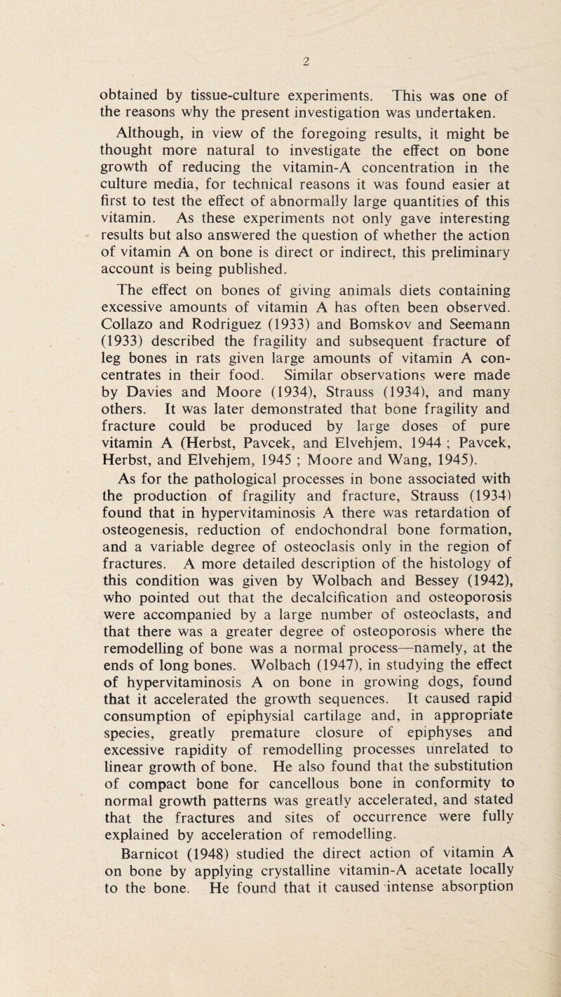 obtained by tissue-culture experiments. This was one of the reasons why the present investigation was undertaken. Although, in view of the foregoing results, it might be thought more natural to investigate the effect on bone growth of reducing the vitamin-A concentration in the culture media, for technical reasons it was found easier at first to test the effect of abnormally large quantities of this vitamin. As these experiments not only gave interesting results but also answered the question of whether the action of vitamin A on bone is direct or indirect, this preliminary account is being published. The effect on bones of giving animals diets containing excessive amounts of vitamin A has often been observed. Collazo and Rodriguez (1933) and Bomskov and Seemann (1933) described the fragility and subsequent fracture of leg bones in rats given large amounts of vitamin A con¬ centrates in their food. Similar observations were made by Davies and Moore (1934), Strauss (1934), and many others. It was later demonstrated that bone fragility and fracture could be produced by large doses of pure vitamin A (Herbst, Pavcek, and Elvebjem, 1944 ; Pavcek, Herbst, and Elvehjem, 1945 ; Moore and Wang, 1945). As for the pathological processes in bone associated with the production of fragility and fracture, Strauss (1934) found that in hypervitaminosis A there was retardation of osteogenesis, reduction of endochondral bone formation, and a variable degree of osteoclasis only in the region of fractures. A more detailed description of the histology of this condition was given by Wolbach and Bessey (1942), who pointed out that the decalcification and osteoporosis were accompanied by a large number of osteoclasts, and that there was a greater degree of osteoporosis where the remodelling of bone was a normal process—namely, at the ends of long bones. Wolbach (1947), in studying the effect of hypervitaminosis A on bone in growing dogs, found that it accelerated the growth sequences. It caused rapid consumption of epiphysial cartilage and, in appropriate species, greatly premature closure of epiphyses and excessive rapidity of remodelling processes unrelated to linear growth of bone. He also found that the substitution of compact bone for cancellous bone in conformity to normal growth patterns was greatly accelerated, and stated that the fractures and sites of occurrence were fully explained by acceleration of remodelling. Barnicot (1948) studied the direct action of vitamin A on bone by applying crystalline vitamin-A acetate locally to the bone. He found that it caused intense absorption