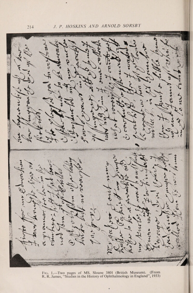 Fig. 1.—Two pages of MS. Sloane 3801 (British Museum). (From R. R. James, “Studies in the Flistory of Ophthalmology in England”, 1933)