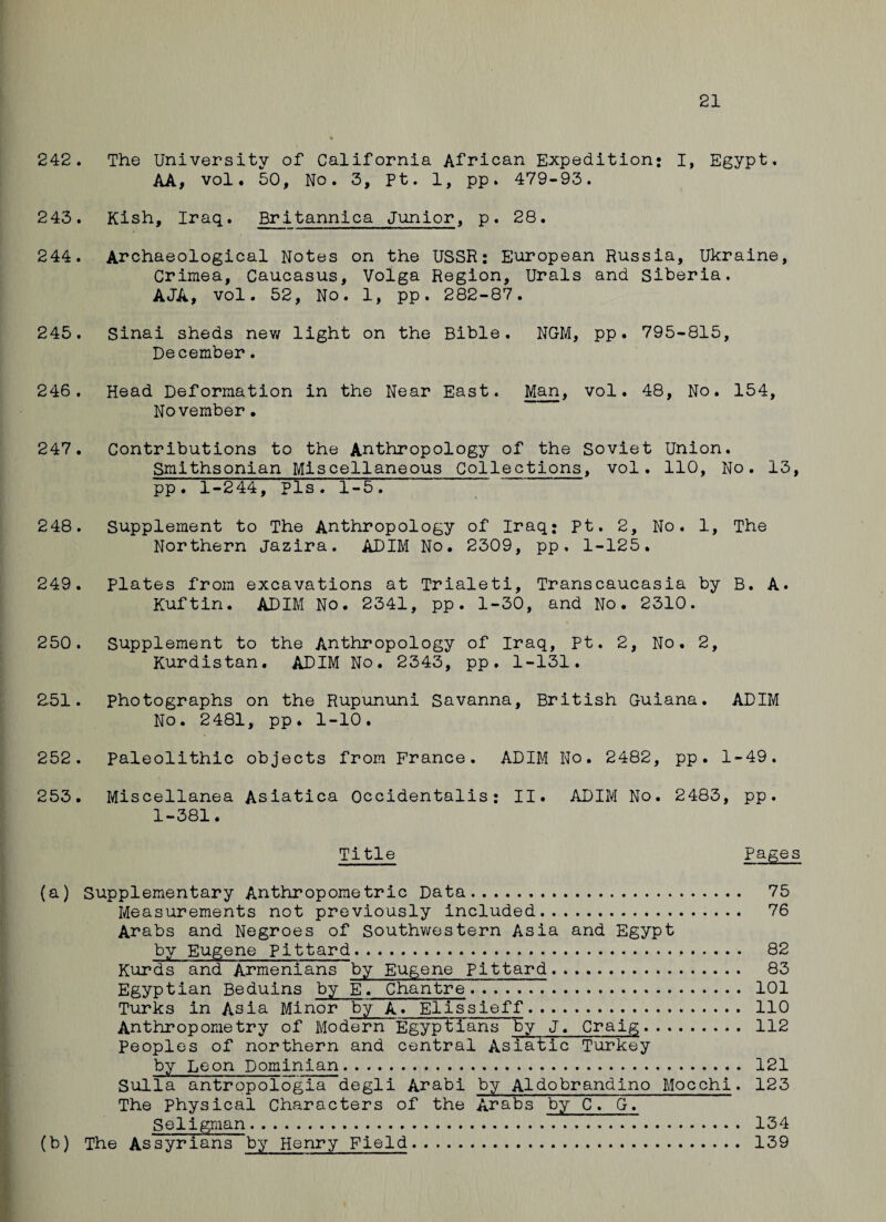 21 242. The University of California African Expedition: I, Egypt. AA, vol. 50, No. 3, Pt. 1, pp. 479-93. 243. Kish, Iraq. Britannica Junior, p. 28. 244. Archaeological Notes on the USSR: European Russia, Ukraine, Crimea, Caucasus, Volga Region, Urals and Siberia. AJA, vol. 52, No. 1, pp. 282-87. 245. Sinai sheds new light on the Bible. NGM, pp. 795-815, December. 246. Head Deformation in the Near East. Man, vol. 48, No. 154, November• 247. Contributions to the Anthropology of the Soviet Union. Smithsonian Miscellaneous Collections, vol. 110, No. 13, pp. 1-244, Pis. 1-5. 248. Supplement to The Anthropology of Iraq: pt. 2, No. 1, The Northern Jazira. ADIM No. 2309, pp. 1-125. 249. Plates from excavations at Trialeti, Transcaucasia by B. A. Kuftin. ADIM No. 2341, pp. 1-30, and No. 2310. 250. Supplement to the Anthropology of Iraq, Pt. 2, No. 2, Kurdistan. ADIM No. 2343, pp. 1-131. 2-51. photographs on the Rupununi Savanna, British Guiana. ADIM No. 2481, pp♦ 1-10. 252. Paleolithic objects from France. ADIM No. 2482, pp. 1-49. 253. Miscellanea Asiatica Occidentalis: II. ADIM No. 2483, pp. 1-381. Title Pages (a) Supplementary Anthropometric Data. 75 Measurements not previously included. 76 Arabs and Negroes of Southwestern Asia and Egypt by Eugene pit tar d... 82 Kurds and Armenians by Eugene pittard. 83 Egyptian Beduins by E. Chantre. 101 Turks in Asia Minor by A. Elissieff. 110 Anthropometry of Modern Egyptians by J. Craig.112 Peoples of northern and central Asiatic Turkey by Leon Dominian. 121 Sulla antropolo~gia degli Arabi by Aldobrandino Mocchi. 123 The physical Characters of the Arabs by C. G. Seligman. 134 (b) The Assyrians by Henry Field. 139