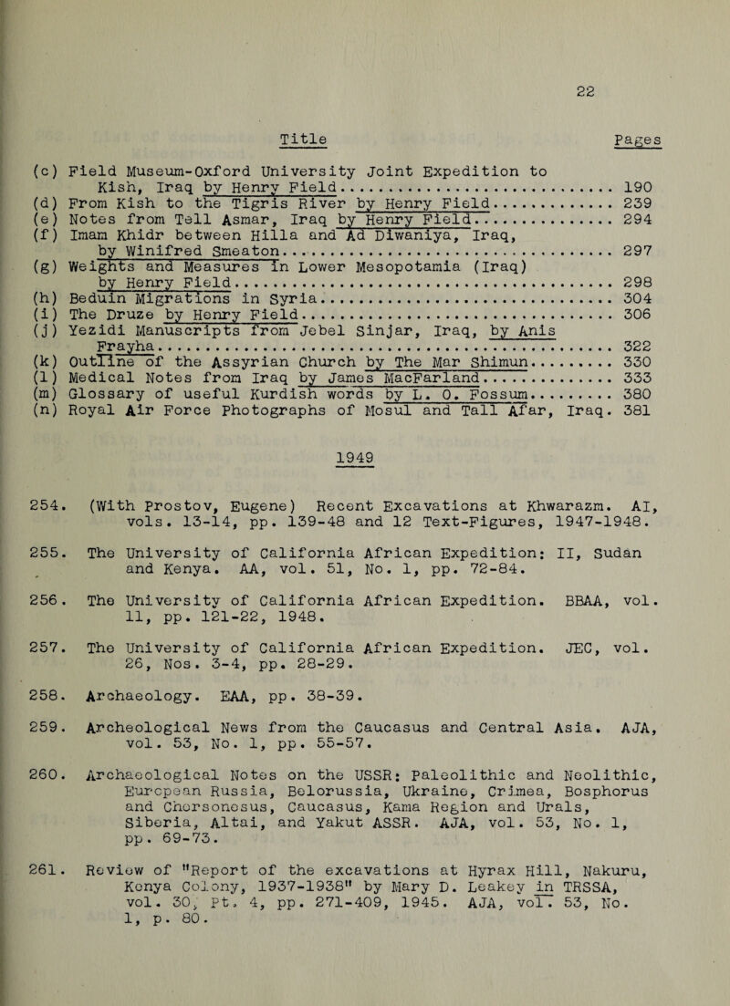 22 Title Pages (c) Field Museum-Oxford University Joint Expedition to Kish, Iraq by Henry Field. 190 (d) From Kish to the Tigris River by Henry Field. 239 (e) Notes from Tall Asmar, Iraq by Henry Field. 294 (f) Imam Khidr between Hilla and Ad Diwaniya, Iraq, by Winifred Smeaton. . .. 297 (g) Weights” and Measures in Lower Mesopotamia (Iraq) by Henry Field. 298 (h) Beduin Migrations in Syria. 304 (i) The Druze by Henry Field... 306 (j) Yezidi Manuscripts from Jebel Sinjar, Iraq, by Anis Frayha. 322 (k) OutTlne of the Assyrian Church by The Mar Shimun. 330 (l) Medical Notes from Iraq by James MacFarland. 333 (m) Glossary of useful Kurdish words by L. 0. Fossum. 380 (n) Royal Air Force Photographs of Mosul and Tall Afar, Iraq. 381 1949 254. (With Pros tov, Eugene) Recent Excavations at Khwarazm. AI, vols. 13-14, pp. 139-48 and 12 Text-Figures, 1947-1948. 255. The University of California African Expedition; II, Sudan and Kenya. AA, vol. 51, No. 1, pp. 72-84. 256. The University of California African Expedition. BBAA, vol. 11, pp. 121-22, 1948. 257. The University of California African Expedition. 26, Nos. 3-4, pp. 28-29. JEC, vol. 258. Archaeology. EAA, pp. 38-39. 259. Archeological News from the Caucasus and Central Asia. AJA, vol. 53, No. 1, pp. 55-57. 260. Archaeological Notes on the USSR; paleolithic and Neolithic, European Russia, Belorussia, Ukraine, Crimea, Bosphorus and Chorsonesus, Caucasus, Kama Region and Urals, Siberia, Altai, and Yakut ASSR. AJA, vol. 53, No. 1, pp . 69-73. 261. Review of ,fReport of the excavations at Hyrax Hill, Nakuru, Kenya Colony, 1937-1938” by Mary D. Leakey in TRSSA, vol. 30, Pt. 4, pp. 271-409, 1945. AJA, vol. 53, No.