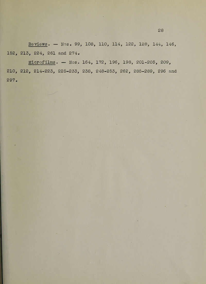 28 Reviews. — Nos. 99, 108, 110, 114, 122, 128, 144, 146, 152, 213, 224, 261 and 274. Microfilms. — Nos. 164, 172, 196, 198, 201-205, 209, 210, 212, 214-223, 225-233, 238, 248-253, 262, 285-289, 296 and 297.