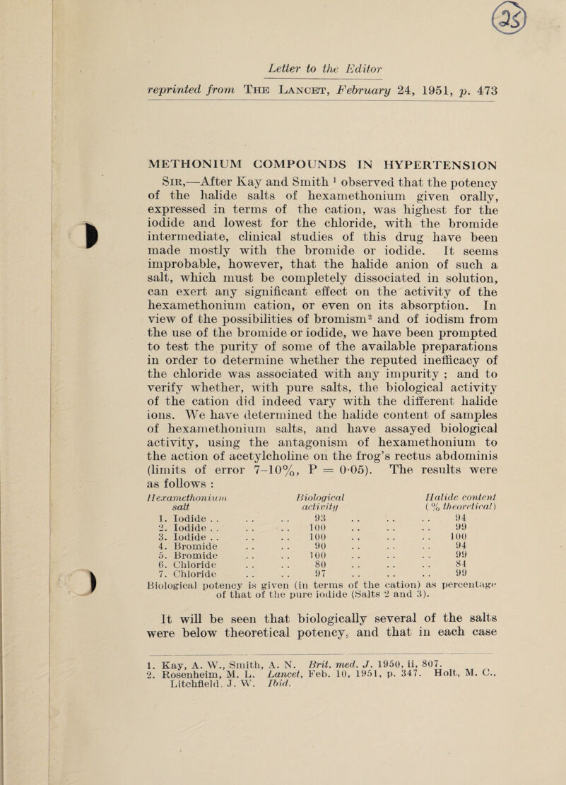 Letter to the Editor reprinted from The Lancet, February 24, 1951, p. 473 METHONIUM COMPOUNDS IN HYPERTENSION Sir,—After Kay and Smith 1 observed that the potency of the halide salts of hexamethonium given orally, expressed in terms of the cation, was highest for the iodide and lowest for the chloride, with the bromide intermediate, clinical studies of this drug have been made mostly with the bromide or iodide. It seems improbable, however, that the halide anion of such a salt, which must be completely dissociated in solution, can exert any significant effect on the activity of the hexamethonium cation, or even on its absorption. In view of the possibilities of bromism2 and of iodism from the use of the bromide or iodide, we have been prompted to test the purity of some of the available preparations in order to determine whether the reputed inefficacy of the chloride was associated with any impurity ; and to verify whether, with pure salts, the biological activity of the cation did indeed varv with the different halide ions. We have determined the halide content of samples of hexamethonium salts, and have assayed biological activity, using the antagonism of hexamethonium to the action of acetylcholine on the frog’s rectus abdominis (limits of error 7-10%, P = 0-05). The results were as follows : II examethoniu m salt 1. Iodide . . 2. Iodide . . 3. Iodide . . 4. Bromide 5. Bromide 6. Chloride 7. Chloride Biological activity 93 100 100 90 100 80 97 Halide content ( % theoretical) 94 99 100 94 99 84 99 Biological potency is given (in terms of the cation) as percentage of that of the pnre iodide (Salts 2 and 3). It will be seen that biologically several of the salts were below theoretical potency, and that in each case 1. Kay, A. W., Smith, A. N. Brit. med. J. 1950, ii, 807. 2. Rosenheim, M. L. Lancet, Feb. 10, 1951, p. 347. Holt, M. C., Litchfield. J. W. Ibid.