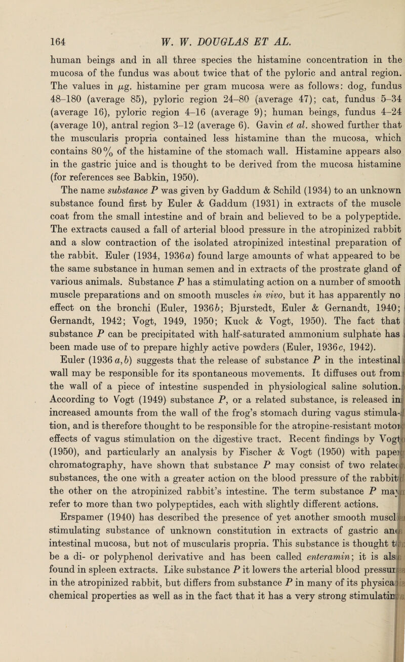 human beings and in all three species the histamine concentration in the mucosa of the fundus was about twice that of the pyloric and antral region. The values in jag. histamine per gram mucosa were as follows: dog, fundus 48-180 (average 85), pyloric region 24-80 (average 47); cat, fundus 5-34 (average 16), pyloric region 4-16 (average 9); human beings, fundus 4-24 (average 10), antral region 3-12 (average 6). Gavin et al. showed further that the muscularis propria contained less histamine than the mucosa, which contains 80% of the histamine of the stomach wall. Histamine appears also in the gastric juice and is thought to be derived from the mucosa histamine (for references see Babkin, 1950). The name substance P was given by Gaddum & Schild (1934) to an unknown substance found first by Euler & Gaddum (1931) in extracts of the muscle coat from the small intestine and of brain and believed to be a polypeptide. The extracts caused a fall of arterial blood pressure in the atropinized rabbit and a slow contraction of the isolated atropinized intestinal preparation of the rabbit. Euler (1934, 1936 a) found large amounts of what appeared to be the same substance in human semen and in extracts of the prostrate gland of various animals. Substance P has a stimulating action on a number of smooth muscle preparations and on smooth muscles in vivo, but it has apparently no effect on the bronchi (Euler, 19366; Bjurstedt, Euler & Gernandt, 1940; Gernandt, 1942; Vogt, 1949, 1950; Kuck & Vogt, 1950). The fact that ; substance P can be precipitated with half-saturated ammonium sulphate has j been made use of to prepare highly active powders (Euler, 1936 c, 1942). Euler (1936 a, 6) suggests that the release of substance P in the intestinal j wall may be responsible for its spontaneous movements. It diffuses out from the wall of a piece of intestine suspended in physiological saline solution. According to Vogt (1949) substance P, or a related substance, is released ini increased amounts from the wall of the frog’s stomach during vagus stimula-| tion, and is therefore thought to be responsible for the atropine-resistant motor, effects of vagus stimulation on the digestive tract. Recent findings by Vogtp (1950), and particularly an analysis by Fischer & Vogt (1950) with paper: chromatography, have shown that substance P may consist of two relatec, substances, the one with a greater action on the blood pressure of the rabbit < the other on the atropinized rabbit’s intestine. The term substance P may refer to more than two polypeptides, each with slightly different actions. Erspamer (1940) has described the presence of yet another smooth muscl stimulating substance of unknown constitution in extracts of gastric anc intestinal mucosa, but not of muscularis propria. This substance is thought tic . be a di- or polyphenol derivative and has been called enteramin\ it is alsi found in spleen extracts. Like substance P it lowers the arterial blood pressui in the atropinized rabbit, but differs from substance P in many of its physica} chemical properties as well as in the fact that it has a very strong stimulate;