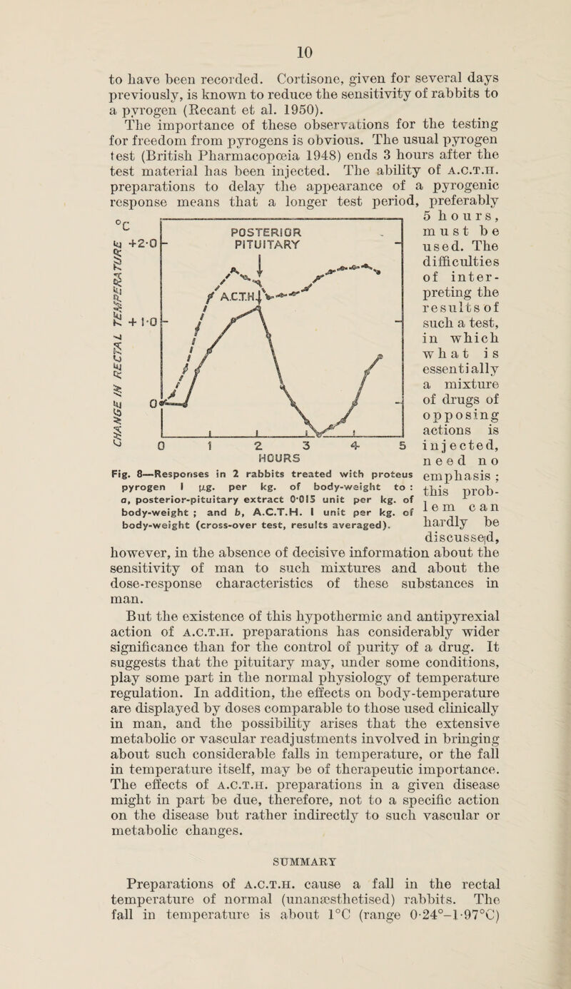 response means to liave been recorded. Cortisone, given for several days previously, is known to reduce the sensitivity of rabbits to a pyrogen (Recant et al. 1950). The importance of these observations for the testing for freedom from pyrogens is obvious. The usual pyrogen test (British Pharmacopoeia 1948) ends 3 hours after the test material has been injected. The ability of a.c.t.h. preparations to delay the appearance of a pyrogenic that a longer test period, preferably 5 hours, must be used. The difficulties of inter¬ preting the results of such a test, in which what is essentially a mixture of drugs of opposing actions is injected, need no emphasis ; this prob¬ lem can hardly be discusse|d, however, in the absence of decisive information about the sensitivity of man to such mixtures and about the dose-response characteristics of these substances in man. Fig. 8—Responses in 2 rabbits treated with proieus pyrogen I pig. per kg. of body-weight to : a, posterior-pituitary extract 0*01S unit per kg. of body-weight ; and b, A.C.T.H. I unit per kg. of body-weight (cross-over test, resuits averaged). But tlie existence of tbis hypothermic and antipyrexial action of a.c.t.h. preparations has considerably wider significance than for the control of purity of a drug. It suggests that the pituitary may, under some conditions, play some part in the normal physiology of temperature regulation. In addition, the effects on body-temperature are displayed by doses comparable to those used clinically in man, and the possibility arises that the extensive metabolic or vascular readjustments involved in bringing about such considerable falls in temperature, or the fall in temperature itself, may be of therapeutic importance. The effects of a.c.t.h. preparations in a given disease- might in part be due, therefore, not to a specific action on the disease but rather indirectly to such vascular or metabolic changes. SUMMARY Preparations of a.c.t.h. cause a fall in the rectal temperature of normal (unansesthetised) rabbits. The fall in temperature is about 1°C (range 0-24°-T97°C)