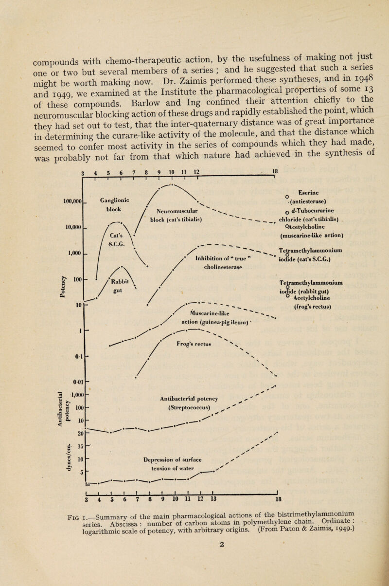 compounds with chemo-therapeutic action, by the usefulness of making not just one or two hut several members of a series ; and he suggested that such a series might he worth making now. Dr. Zaimis performed these syntheses, and m i94« and 1049, we examined at the Institute the pharmacological properties of some 13 of these compounds. Barlow and Ing confined their attention chiefly to the neuromuscular blocking action of these drugs and rapidly established the point, which they had set out to test, that the inter-quaternary distance was of great importance in determining the curare-like activity of the molecule, and that the distance whic. seemed to confer most activity in the series of compounds which they had made was probably not far from that which nature had achieved in the synthesis ot Fig 1._Summary of the main pharmacological actions of the bistrimethylammomum series. Abscissa : number of carbon atoms in polymethylene chain. Ordinate : logarithmic scale of potency, with arbitrary origins. (From Paton & Zaimis, 1949-)