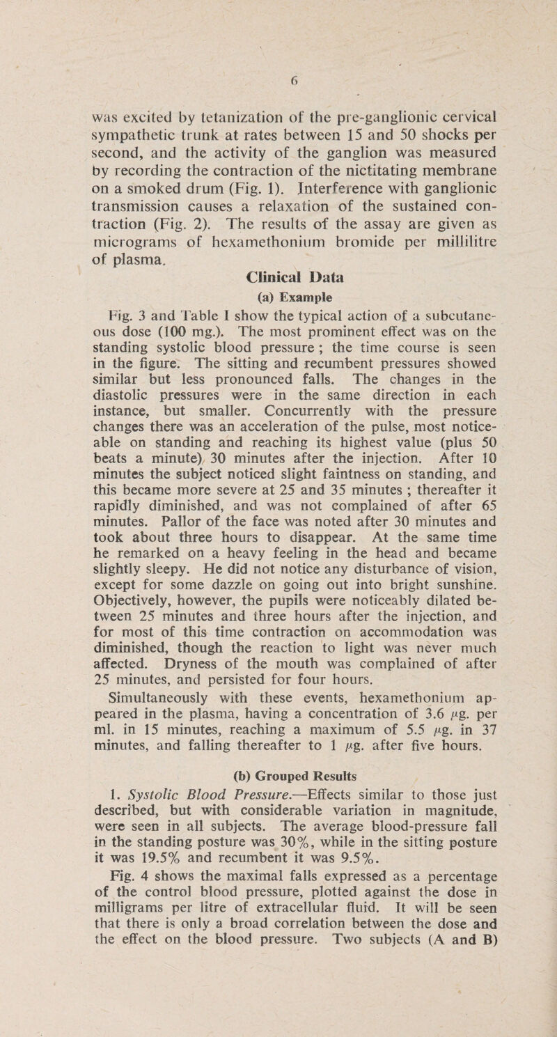 was excited by tetanization of the pre-ganglionic cervical sympathetic trunk at rates between 15 and 50 shocks per second, and the activity of the ganglion was measured by recording the contraction of the nictitating membrane on a smoked drum (Fig. 1). Interference with ganglionic transmission causes a relaxation of the sustained con¬ traction (Fig. 2). The results of the assay are given as micrograms of hexamethonium bromide per millilitre of plasma. Clinical Da fa (a) Example Fig. 3 and Table I show the typical action of a subcutane¬ ous dose (100 mg.). The most prominent effect was on the standing systolic blood pressure ; the time course is seen in the figure. The sitting and recumbent pressures showed similar but less pronounced falls. The changes in the diastolic pressures were in the same direction in each instance, but smaller. Concurrently with the pressure changes there was an acceleration of the pulse, most notice¬ able on standing and reaching its highest value (plus 50 beats a minute) 30 minutes after the injection. After 10 minutes the subject noticed slight faintness on standing, and this became more severe at 25 and 35 minutes ; thereafter it rapidly diminished, and was not complained of after 65 minutes. Pallor of the face was noted after 30 minutes and took about three hours to disappear. At the same time he remarked on a heavy feeling in the head and became slightly sleepy. He did not notice any disturbance of vision, except for some dazzle on going out into bright sunshine. Objectively, however, the pupils were noticeably dilated be¬ tween 25 minutes and three hours after the injection, and for most of this time contraction on accommodation was diminished, though the reaction to light was never much affected. Dryness of the mouth was complained of after 25 minutes, and persisted for four hours. Simultaneously with these events, hexamethonium ap¬ peared in the plasma, having a concentration of 3.6 /*g. per ml. in 15 minutes, reaching a maximum of 5.5 ^g. in 37 minutes, and falling thereafter to 1 g. after five hours. (b) Grouped Results 1. Systolic Blood Pressure.—Effects similar to those just described, but with considerable variation in magnitude, were seen in all subjects. The average blood-pressure fall in the standing posture was 30%, while in the sitting posture it was 19.5% and recumbent it was 9.5%. Fig. 4 shows the maximal falls expressed as a percentage of the control blood pressure, plotted against the dose in milligrams per litre of extracellular fluid. It will be seen that there is only a broad correlation between the dose and the effect on the blood pressure. Two subjects (A and B)