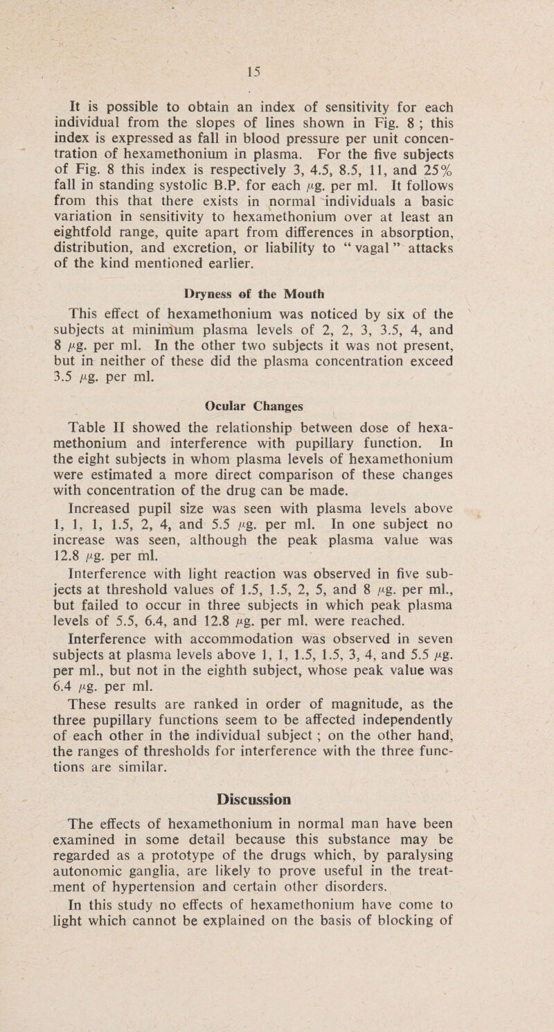 It is possible to obtain an index of sensitivity for each individual from the slopes of lines shown in Fig. 8 ; this index is expressed as fall in blood pressure per unit concen¬ tration of hexamethonium in plasma. For the five subjects of Fig. 8 this index is respectively 3, 4.5, 8.5, 11, and 25% fall in standing systolic B.P. for each pg. per ml. It follows from this that there exists in normal individuals a basic variation in sensitivity to hexamethonium over at least an eightfold range, quite apart from differences in absorption, distribution, and excretion, or liability to “ vagal ” attacks of the kind mentioned earlier. Dryaess of the Mouth This effect of hexamethonium was noticed by six of the subjects at minimum plasma levels of 2, 2, 3, 3.5, 4, and 8 pg. per ml. In the other two subjects it was not present, but in neither of these did the plasma concentration exceed 3.5 pg. per ml. Ocular Changes Table II showed the relationship between dose of hexa¬ methonium and interference with pupillary function. In the eight subjects in whom plasma levels of hexamethonium were estimated a more direct comparison of these changes with concentration of the drug can be made. Increased pupil size was seen with plasma levels above 1, 1, 1, 1.5, 2, 4, and 5.5 pg. per ml. In one subject no increase was seen, although the peak plasma value was 12.8 pg. per ml. Interference with light reaction was observed in five sub¬ jects at threshold values of 1.5, 1.5, 2, 5, and 8 pg. per ml., but failed to occur in three subjects in which peak plasma levels of 5.5, 6.4, and 12.8 pg. per ml. were reached. Interference with accommodation was observed in seven subjects at plasma levels above 1, 1, 1.5, 1.5, 3, 4, and 5.5 pg. per ml., but not in the eighth subject, whose peak value was 6.4 pg. per ml. These results are ranked in order of magnitude, as the three pupillary functions seem to be affected independently of each other in the individual subject; on the other hand, the ranges of thresholds for interference with the three func¬ tions are similar. Discussion The effects of hexamethonium in normal man have been examined in some detail because this substance may be regarded as a prototype of the drugs which, by paralysing autonomic ganglia, are likely to prove useful in the treat¬ ment of hypertension and certain other disorders. In this study no effects of hexamethonium have come to light which cannot be explained on the basis of blocking of