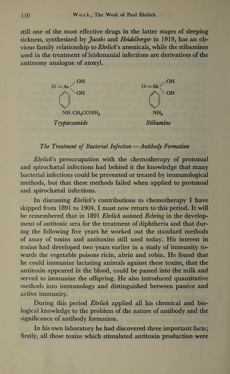 still one of the most effective drugs in the latter stages of sleeping sickness, synthesized by Jacobs and Heidelberger in 1919, has an ob¬ vious family relationship to Ehrlich's arsenicals, while the stibamines used in the treatment of leishmanial infections are derivatives of the antimony analogue of atoxyl. ✓ OH O = As / /\XOH NH.CHoCONPL Tryparsamide /OH 0 = Sb/ AXoh V nh2 Stibamine The Treatment of Bacterial Infection—Antibody Formation Ehrlich's preoccupation with the chemotherapy of protozoal and spirochsetal infections had behind it the knowledge that many bacterial infections could be prevented or treated by immunological methods, but that these methods failed when applied to protozoal and spirochaetal infections. In discussing Ehrlich's contributions to chemotherapy I have skipped from 1891 to 1904. I must now return to this period. It will be remembered that in 1891 Ehrlich assisted Behring in the develop¬ ment of antitoxic sera for the treatment of diphtheria and that dur¬ ing the following five years he worked out the standard methods of assay of toxins and antitoxins still used today. His interest in toxins had developed two years earlier in a study of immunity to¬ wards the vegetable poisons ricin, abrin and robin. He found that he could immunize lactating animals against these toxins, that the antitoxin appeared in the blood, could be passed into the milk and served to immunize the offspring. He also introduced quantitative methods into immunology and distinguished between passive and active immunity. During this period Ehrlich applied all his chemical and bio¬ logical knowledge to the problem of the nature of antibody and the significance of antibody formation. In his own laboratory he had discovered three important facts; firstly, all those toxins which stimulated antitoxin production were