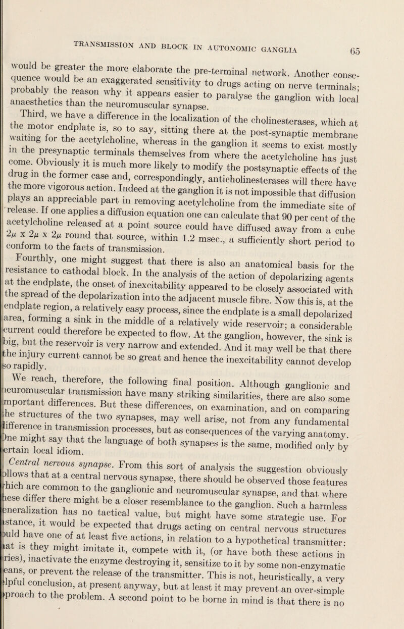 65 ■“ * Third, we have a difference m the localization of the cholinesterases which at t^r*0 T SMng there at the post«- membrane aitmg foi the acetylcholine, whereas in the ganglion it seems to exist mostly presynaptic terminals themselves from where the acetylcholine has just come. Obviously it is much more likely to modify the postsynaptic effects of the ug m the former case and, correspondingly, anticholinesterases will there have m°re vlSor°us action. Indeed at the ganglion it is not impossible that diffuZn p ys an appreciable part in removing acetylcholine from the immediate site of ??i i0ne ai?P 16S,a dlffusion equation one can calculate that 90 per cent of the acetjdchohne released at a point source could have diffused away\om a cute -M x 2fi x 2M round that source, within 1.2 msec., a sufficiently short period to conform to the facts of transmission. P Fourthly, one might suggest that there is also an anatomical basis for the lesistance to cathodal block. In the analysis of the action of depolarizing agents t e endplate, the onset of inexorability appeared to be closely associated^vith the spread of the depolarization into the adjacent muscle fibre. Now this is at the endplate region, a relatively easy process, since the endplate is a small depolarized cTrrentTuldtheTf °f *Mvdy wide reser™r; a considerable bL but the elef°re be expected t0 flow‘ At the ganglion, however, the sink is big, but the reservoir is very narrow and extended. And it may well be that there so rapidly.CUrrent Cann0t be S° great and henCe the inexeitability cannot develop We reach therefore, the following final position. Although ganglionic and muromuscuiar transmission have many striking similarities, there are also some P tant differences. But these differences, on examination, and on comparing lSe“nTransm ^ SynapSe\may WeU arise- not from ^ fundamental ence m transmission processes, but as consequences of the varying anatomy 1g,,a8e of “h ,y,“p“ “ “» ““m »iy by mZHoJZZ Tr F™m th“ 01 *“ly“ *h' obviously )IIows that at a central nervous synapse, there should be observed those features lese differ th1”10” k gangll0ni0 and neuromuscular synapse, and that where mera W hT b° a cosr resemblance to the ganglion. Such a harmless v erahzation has no tactical value, but might have some strategic use For ,uMnhave oW° J 5°, ^ that dmgS a°ting °n °entral nervous structures u d have one of at least five actions, in relation to a hypothetical transmitter- »at is they might imitate it, compete with it, (or have both these actions in ies), inactivate the enzyme destroying it, sensitize to it by some non-enzymatie eans or prevent the release of the transmitter. This is not, heuristically, a very mroachto thT’ but at leaSt h may prevent an over-simple oa h to the problem. A second point to be borne in mind is that there is no