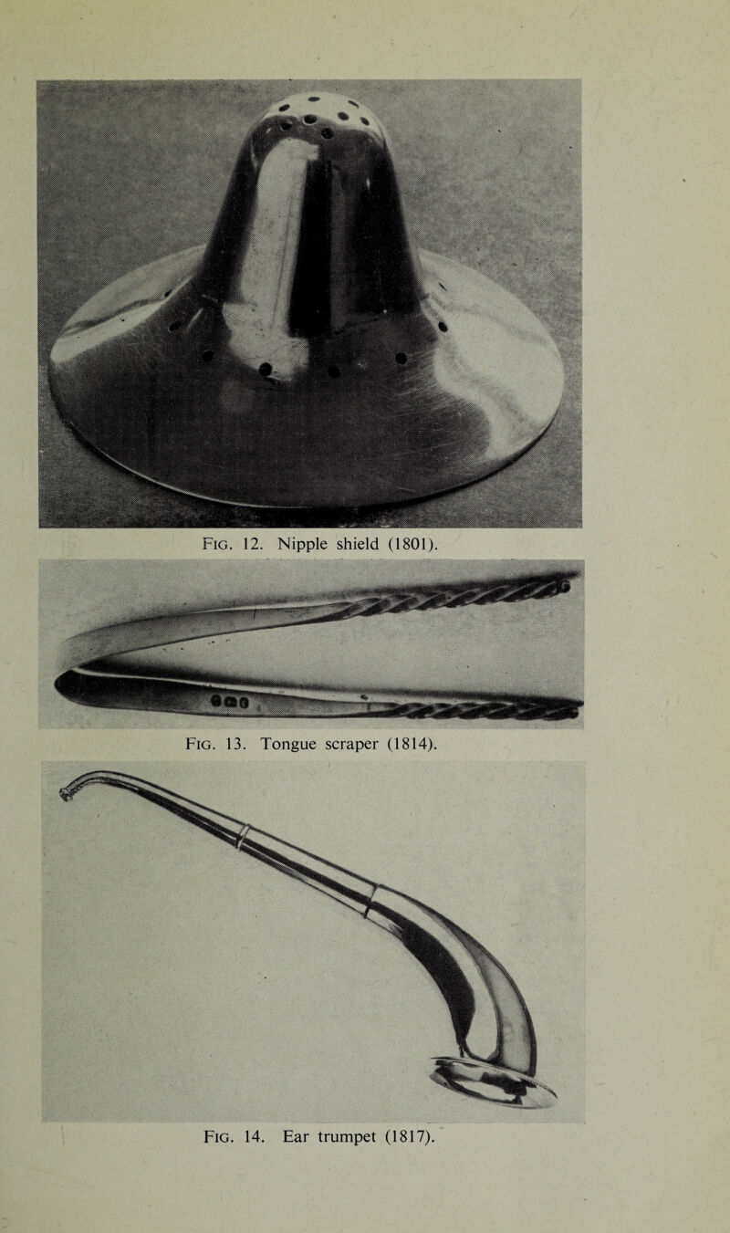 Fig. 13. Tongue scraper (1814). Fig. 14. Ear trumpet (1817).