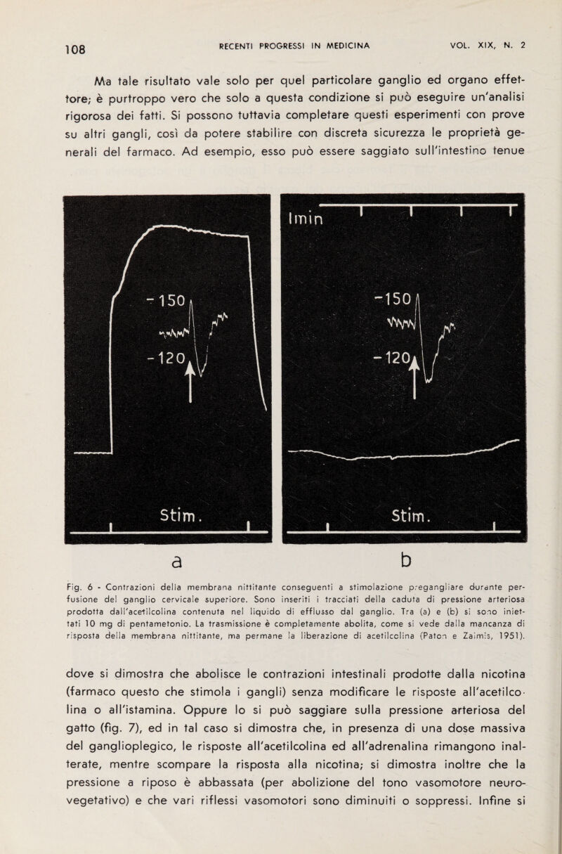 Ma tale risultato vale solo per quel particolare ganglio ed organo effet- tore; e purtroppo vero che solo a questa condizione si puo eseguire un'analisi rigorosa del fatti. Si possono tuttavia completare questi esperimenti con prove su altri gangli, cosi da potere stabiiire con discreta sicurezza le propriety ge- nerali del farmaco. Ad esempio, esso puo essere saggiato sull'intestino tenue Fig. 6 - Contrazioni della membrana nittitante conseguenti a stimolazione pregangliare durante per- fusione del ganglio cervicale superiore. Sono inseriti i tracciati della caduta di pressione arteriosa prodotta dall'acetilcolina contenuta nel liquido di efflusso dal ganglio. Tra (a) e (b) si sono iniet- tati 10 mg di pentametonio. La trasmissione e completamente abolita, come si vede dalla mancanza di risposta della membrana nittitante, ma permane la liberazione di acetilcclina (Paton e Zaimis, 1951). dove si dimostra che abolisce le contrazioni intestinali prodotte dalla nicotina (farmaco questo che stimola i gangli) senza modificare le risposte all'acetilco- lina o all'istamina. Oppure lo si puo saggiare sulla pressione arteriosa del gatto (fig. 7), ed in tal caso si dimostra che, in presenza di una dose massiva del ganglioplegico, le risposte all'acetilcolina ed alfadrenalina rimangono inal- terate, mentre scompare la risposta alia nicotina; si dimostra inoltre che la pressione a riposo e abbassata (per abolizione del tono vasomotore neuro- vegetativo) e che vari riflessi vasomotori sono diminuiti o soppressi. Infine si