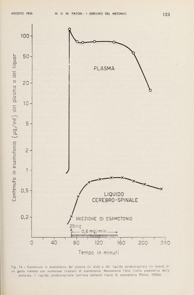 Contenufo in esamefonio (jjg/mf) del plasma o del liquor 100- 50- 20- 10- 2- 1 0,5- 0,2- 0 CEREBRO-SPINALE 40 / INIEZIONE Dl ESAMETONIO 25 mg A £ 0,6 mg/min 80 120 160 200 O A 10 Tempo in minuti Fig. 14 - Contenufo in esametonio del plasma (in alto) e del liquido cerebro-spinale (in basso) di un gatto trattato con numerose iniezioni di esametonio. Nonostante I'alto livello plasmafico della sostanza, il liquido cerebro-spinale contiene soltanto tracce di esametonio (Paton, 1953a).