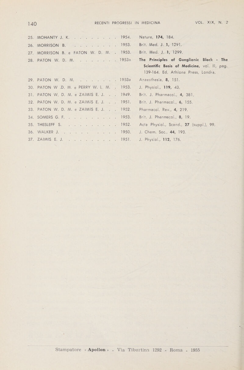 25. MOHANTY J. K. . 1954. Nature, 174, 184. 26. MORRISON B. . 1953. Brit. Med. J. 1, 1291. 27. MORRISON B. e FATON W. D. M. . 1953. Brit. Med. J. 1, 1299. 28. PATON W. D. . M. . 1953a The Principles of Ganglionic Block Scientific Basis of Medicine, vol II, 139-164. Ed. Athlone Press, Londra. 29. PATON W. D. . M . 1953e Anaesthesia, 8, 151. 30. PATON W .0. M. e PERRY W. L. M. . 1953. J. Physiol., 119, 43. 31. PATON W. D. M. e ZAIMIS E. J. • . 1949. Brit. J. Pharmacol., 4, 381. 32. PATON W. D. M. e ZAIMIS E. J. • . 1951. Brit. J. Pharmacol., 6, 155. 33. PATON W. D. M. e ZAIMIS E. J. • . 1952. Pharmacol. Rev., 4, 219. 34. SOMERS G. F. . 1953. Brit. J. Pharmacol., 8, 19. 35. THESLEFF S. . 1952. Acta Physiol., Stand., 27 (suppl.), 99. 36. WALKER J. . . 1950. J. Chem. Soc., 44, 193. 37. ZAIMIS E. j. . 1951. J. Physiol., 112, 176. The pag. Stampatore « Apollon» . Via Tiburtina 1292 - Roma - 1955