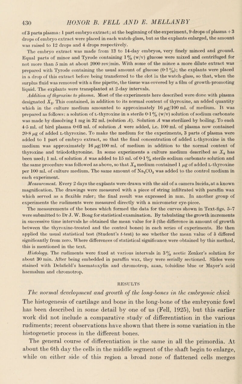 of 3 parts plasma: 1 part embryo extract; at the beginning of the experiment, 9 drops of plasma + 3 drops of embryo extract were placed in each watch-glass, but as the explants enlarged, the amount was raised to 12 drops and 4 drops respectively. The embryo extract was made from 13 to 14-day embryos, very finely minced and ground. Equal parts of mince and Tyrode containing 1 % (w/v) glucose were mixed and centrifuged for not more than 5 min at about 2000 rev/min. With some of the mince a more dilute extract was prepared with Tyrode containing the usual amount of glucose (0-1%); the explants were placed in a drop of this extract before being transferred to the clot in the watch-glass, so that, when the surplus fluid was removed with a fine pipette, the tissue was covered by a film of growth-promoting liquid. The explants were transplanted at 2-day intervals. Addition of thyroxine to plasma. Most of the experiments here described were done with plasma designated X%. This contained, in addition to its normal content of thyroxine, an added quantity which in the culture medium amounted to approximately 16 pg/100 ml. of medium. It was prepared as follows: a solution of L-thyroxine in a sterile Ol % (w/v) solution of sodium carbonate was made by dissolving 1 mg in 32 ml. (solution A). Solution A was sterilized by boiling. To each 4-5 ml. of bird plasma 0-03 ml. of solution A were added, i.e. 100 ml. of plasma now contained 20-8 pg of added L-thyroxine. To make the medium for the experiments, 3 parts of plasma were added to 1 part of embryo extract, so that the final concentration of added L-thyroxine in the medium was approximately 16 pg/100 ml. of medium in addition to the normal content of thyroxine and triiodothyronine. In some experiments a culture medium described as X6 has been used; 1 ml. of solution A was added to 15 ml. of 0T % sterile sodium carbonate solution and the same procedure was followed as above, so that X6 medium contained 1 pg of added L-thyroxine per 100 ml. of culture medium. The same amount of Na2C03 was added to the control medium in each experiment. Measurement. Every 2 days the explants were drawn with the aid of a camera lucida, at a known magnification. The drawings were measured with a piece of string infiltrated with paraffin wax which served as a flexible ruler; the final result was expressed in mm. In another group of experiments the rudiments were measured directly with a micrometer eye-piece. The measurements of the bones which formed the data for the curves shown in Text-figs. 5-7 were submitted to Dr J. W. Boag for statistical examination. By tabulating the growth increments in successive time intervals he obtained the mean value for 8 (the difference in amount of growth between the thyroxine-treated and the control bones) in each series of experiments. He then applied the usual statistical test (Student’s £-test) to see whether the mean value of 8 differed significantly from zero. Where differences of statistical significance were obtained by this method, this is mentioned in the text. Histology. The rudiments were fixed at various intervals in 3% acetic Zenker’s solution for about 30 min. After being embedded in paraffin wax, they were serially sectioned. Slides were stained with Delafield’s haematoxylin and chromotrop, azan, toluidine blue or Mayer’s acid haemalum and chromotrop. RESULTS The normal development and growth of the long-hones in the embryonic chick The histogenesis of cartilage and bone in the long-bone of the embryonic fowl has been described in some detail by one of ns (Fell, 1925), but this earlier work did not include a comparative study of differentiation in the various rudiments; recent observations have shown that there is some variation in the histogenetic process in the different bones. The general course of differentiation is the same in all the primordia. At about the 6th day the cells in the middle segment of the shaft begin to enlarge, while on either side of this region a broad zone of flattened cells merges