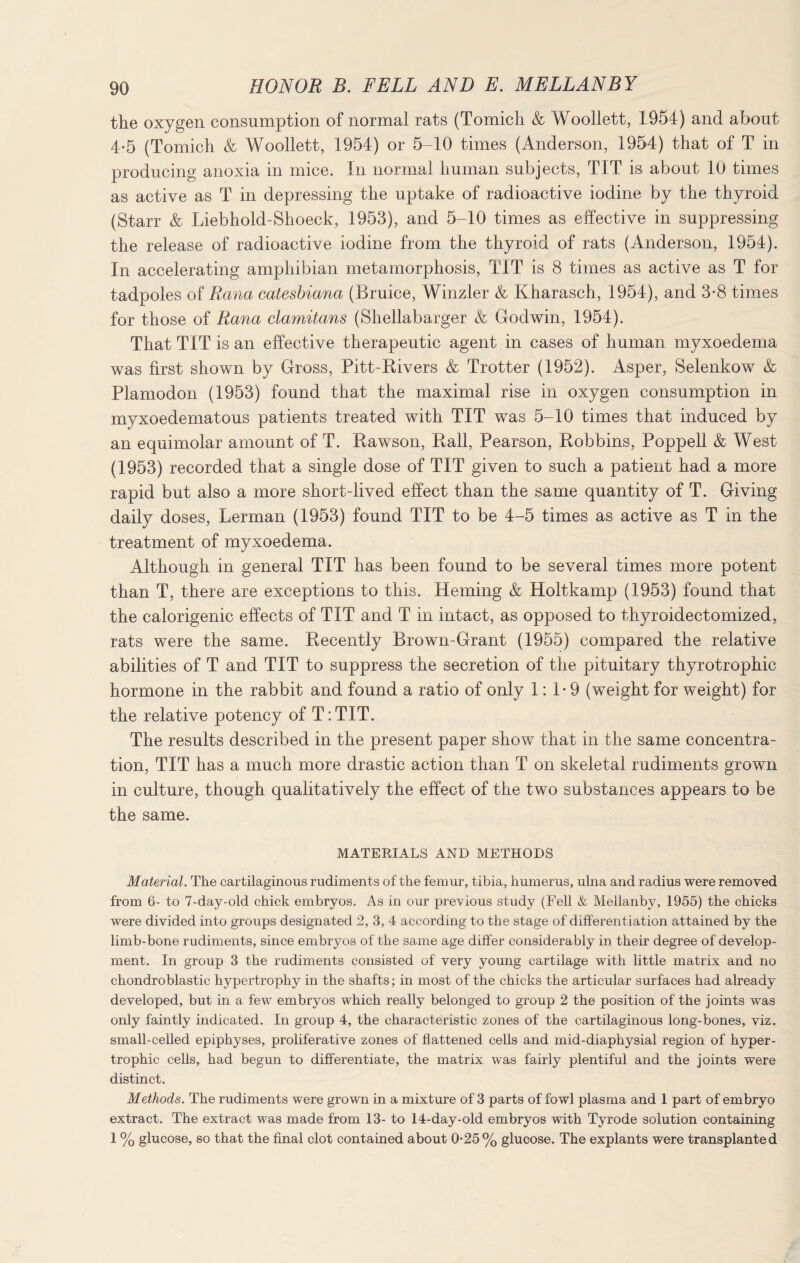 the oxygen consumption of normal rats (Tomich & Woollett, 1954) and about 4*5 (Tomich & Woollett, 1954) or 5-10 times (Anderson, 1954) that of T in producing anoxia in mice. In normal human subjects, TIT is about 10 times as active as T in depressing the uptake of radioactive iodine by the thyroid (Starr & Liebhold-Shoeck, 1953), and 5-10 times as effective in suppressing the release of radioactive iodine from the thyroid of rats (Anderson, 1954). In accelerating amphibian metamorphosis, TIT is 8 times as active as T for tadpoles of Rana catesbiana (Bruice, Winzler & Kharasch, 1954), and 3-8 times for those of Rana clamitans (Shellabarger & Godwin, 1954). That TIT is an effective therapeutic agent in cases of human myxoedema was first shown by Gross, Pitt-Rivers & Trotter (1952). Asper, Selenkow & Plamodon (1953) found that the maximal rise in oxygen consumption in myxoedematous patients treated with TIT was 5-10 times that induced by an equimolar amount of T. Rawson, Rail, Pearson, Robbins, Popped & West (1953) recorded that a single dose of TIT given to such a patient had a more rapid but also a more short-lived effect than the same quantity of T. Giving daily doses, Lerman (1953) found TIT to be 4-5 times as active as T in the treatment of myxoedema. Although in general TIT has been found to be several times more potent than T, there are exceptions to this. Heming & Holtkamp (1953) found that the calorigenic effects of TIT and T in intact, as opposed to thyroidectomized, rats were the same. Recently Brown-Grant (1955) compared the relative abilities of T and TIT to suppress the secretion of the pituitary thyrotrophic hormone in the rabbit and found a ratio of only 1:1*9 (weight for weight) for the relative potency of T:TIT. The results described in the present paper show that in the same concentra¬ tion, TIT has a much more drastic action than T on skeletal rudiments grown in culture, though qualitatively the effect of the two substances appears to be the same. MATERIALS AND METHODS Material. The cartilaginous rudiments of the femur, tibia, humerus, ulna and radius were removed from 6- to 7-day-old chick embryos. As in our previous study (Fell & Mellanby, 1955) the chicks were divided into groups designated 2, 3, 4 according to the stage of differentiation attained by the limb-bone rudiments, since embryos of the same age differ considerably in their degree of develop¬ ment. In group 3 the rudiments consisted of very young cartilage with little matrix and no chondroblastic hypertrophy in the shafts; in most of the chicks the articular surfaces had already developed, but in a few embryos which really belonged to group 2 the position of the joints was only faintly indicated. In group 4, the characteristic zones of the cartilaginous long-bones, viz. small-ceiled epiphyses, proliferative zones of flattened cells and mid-diaphysial region of hyper¬ trophic celis, had begun to differentiate, the matrix was fairly plentiful and the joints were distinct. Methods. The rudiments were grown in a mixture of 3 parts of fowl plasma and 1 part of embryo extract. The extract was made from 13- to 14-day-old embryos with Tyrode solution containing 1 % glucose, so that the final clot contained about 0-25% glucose. The explants were transplanted