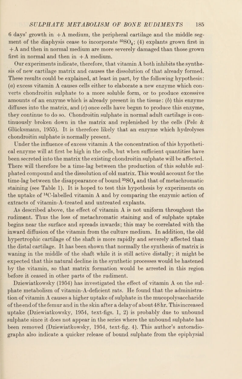 6 days’ growth in +A medium, the peripheral cartilage and the middle seg¬ ment of the diaphysis cease to incorporate 35S04; (4) explants grown first in + A and then in normal medium are more severely damaged than those grown first in normal and then in +A medium. Our experiments indicate, therefore, that vitamin A both inhibits the synthe¬ sis of new cartilage matrix and causes the dissolution of that already formed. These results could be explained, at least in part, by the following hypothesis: (a) excess vitamin A causes cells either to elaborate a new enzyme which con¬ verts chondroitin sulphate to a more soluble form, or to produce excessive amounts of an enzyme which is already present in the tissue: (b) this enzyme diffuses into the matrix, and (c) once cells have begun to produce this enzyme, they continue to do so. Chondroitin sulphate in normal adult cartilage is con¬ tinuously broken down in the matrix and replenished by the cells (Pelc & Gliicksmann, 1955). It is therefore likely that an enzyme which hydrolyses chondroitin sulphate is normally present. Under the influence of excess vitamin A the concentration of this hypotheti¬ cal enzyme will at first be high in the cells, but when sufficient quantities have been secreted into the matrix the existing chondroitin sulphate will be affected. There will therefore be a time-lag between the production of this soluble sul- phated compound and the dissolution of old matrix. This would account for the time-lag between the disappearance of bound 35S04 and that of metachromatic staining (see Table 1). It is hoped to test this hypothesis by experiments on the uptake of 14C-labelled vitamin A and by comparing the enzymic action of extracts of vitamin-A-treated and untreated explants. As described above, the effect of vitamin A is not uniform throughout the rudiment. Thus the loss of metachromatic staining and of sulphate uptake begins near the surface and spreads inwards; this may be correlated with the inward diffusion of the vitamin from the culture medium. In addition, the old hypertrophic cartilage of the shaft is more rapidly and severely affected than the distal cartilage. It has been shown that normally the synthesis of matrix is waning in the middle of the shaft while it is still active distally; it might be expected that this natural decline in the synthetic processes would be hastened by the vitamin, so that matrix formation would be arrested in this region before it ceased in other parts of the rudiment. Dziewiatkowsky (1954) has investigated the effect of vitamin A on the sul¬ phate metabolism of vitamin-A-deficient rats. He found that the administra¬ tion of vitamin A causes a higher uptake of sulphate in the mucopolysaccharide of the end of the femur and in the skin after a delay of about 48 hr. This increased uptake (Dziewiatkowsky, 1954, text-figs. 1, 2) is probably due to unbound sulphate since it does not appear in the series where the unbound sulphate has been removed (Dziewiatkowsky, 1954, text-fig. 4). This author’s autoradio¬ graphs also indicate a quicker release of bound sulphate from the epiphysial