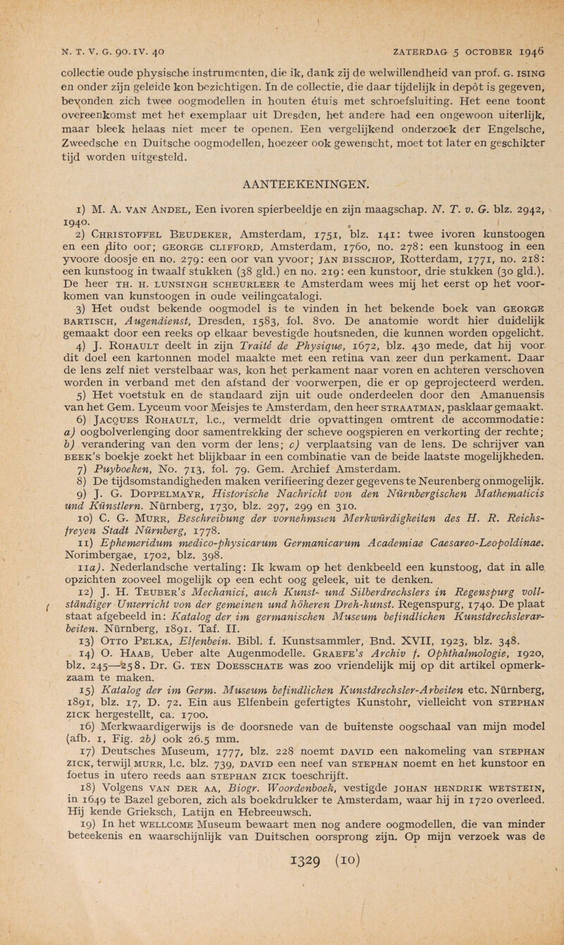 ( N. T. V. G. 90. IV. 40 ZATERDAG 5 OCTOBER 1946 collectie oude physische instrumente!!, die ik, dank zij de welwillendheid van prof. g. ising en onder zijn geleide kon bezichtigen. In de collectie, die daar tijdelijk in dépôt is gegeven, beyonden zich twee oogmodellen in houten étuis met schroefsluiting. Het eene toont overeenkomst met het exemplaar uit Dresden, het andere had een ongewoon uiterlijk, maar bleek helaas niet meer te openen. Een vergelijkend onderzoek der Engelsche, Zweedsche en Duitsche oogmodellen, hoezeer ook gewenscht, moet tôt later en geschikter tijd worden uitgesteld. AANTEEKENINGEN. 1) M. A. van Andel, Een ivoren spierbeeldje en zijn maagschap. N. T. v. G. blz. 2942, ï94°. 2) Christoffel Beudeker, Amsterdam, 1751, blz. 141: twee ivoren kunstoogen en een ^iito oor; georGe clifford, Amsterdam, 1760, no. 278: een kunstoog in een yvoore doosje en no. 279: een oor van yvoor; jan bisschop, Rotterdam, 1771, no. 218: een kunstoog in twaalf stukken (38 gld.) en no. 219: een kunstoor, drie stukken (30 gld.). De heer th. h. lunsingh scheurleer te Amsterdam wees mij het eerst op het voor- komen van kunstoogen in oude veilingcatalogi. 3) Het oudst bekende oogmodel is te vinden in het bekende boek van george bartisch, Augendienst, Dresden, 1583, fol. 8vo. De anatomie wordt hier duidelijk gemaakt door een reeks op elkaar bevestigde houtsneden, die kunnen worden opgelicht. 4) J. Rohault deelt in zijn Traité de Physique, 1672, blz. 430 mede, dat hij voor dit doel een kartonnen model maakte met een retina van zeer dun perkament. Daar de lens zelf niet verstelbaar was, kon het perkament naar voren en achteren verschoven worden in verband met den afstand der voorwerpen, die er op geprojecteerd werden. 5) Het voetstuk en de standaard zijn uit oude onderdeelen door den Amanuensis van het Gem. Lyceum voor Meisjes te Amsterdam, den heer straatman, pasklaar gemaakt. 6) Jacques Rohault, l.c., vermeldt drie opvattingen omtrent de accommodatie : a) oogbolverlenging door samentrekking der scheve oogspieren en verkorting der rechte; h) verandering van den vorm der lens; c) verplaatsing van de lens. De schrijver van beek’s boekje zoekt het blijkbaar in een combinatie van de beide laatste mogelijkheden. 7) Puyboeken, No. 713, fol. 79. Gem. Archief Amsterdam. 8) De tijdsomstandigheden maken verifieering dezer gegevens te Neurenberg onmogelijk. 9) J. G. Doppelmayr, Historiséhe Nachricht von den Nürnbergischen Mathematicis und Künstlern. Nürnberg, 1730, blz. 297, 299 en 310. 10) C. G. Murr, Beschreibung der vornehmsien Merhwürdigkeiten des H. R. Reichs- freyen Stadt Nürnberg, 1778. 11) Ephemeridum medico-physicarum Germanicarum Academiae Caesareo-Leopoldinae. Norimbergae, 1702, blz. 398. 11 a). Nederlandsche vertaling: Ik kwam op het denkbeeld een kunstoog, dat in aile opzichten zooveel mogelijk op een echt 00g geleek, uit te denken. 12) J. H. Teuber’s Mechanici, auch Kunst- und Silberdrechslers in Regenspurg voll- stàndiger Unierricht von der gemeinen und hoheren Dreh-kunst. Regenspurg, 1740. De plaat staat afgebeeld in: Katalog der im germanischen Muséum befindlichen Kunstdrechslerar- beiten. Nürnberg, 1891. Taf. II. 13) Otto Pelka, Elfenbein. Bibl. f. Kunstsammler, Bnd. XVII, 1923, blz. 348. 14) O. Haab, Ueber alte Augenmodelle. Graefe’s Archiv f. Ophthalmologie, 1920, blz. 245—258. Dr. G. ten Doesschate was zoo vriendelijk mij op dit artikel opmerk- zaam te maken. 15) Katalog der im Germ. Muséum befindlichen Kunstdrechsler-Arbeiten etc. Nürnberg, 1891, blz. 17, D. 72. Ein aus Elfenbein gefertigtes Kunstohr, vielleicht von stephan zick hergestellt, ca. 1700. 16) Merkwaardigerwijs is de- doorsnede van de buitenste oogschaal van mijn model (afb. 1, Fig. 2b) ook 26.5 mm. 17) Deutsches Muséum, 1777, blz. 228 noemt david een nakomeling van stephan zick, terwijl murr, l.c. blz. 739, david een neef van stephan noemt en het kunstoor en foetus in utero reeds aan stephan zick toeschrijft. 18) Volgens van der aa, Biogr. Woordenboek, vestigde johan hendrik wetstein, in 1649 te Bazel geboren, zich als boekdrukker te Amsterdam, waar hij in 1720 overleed. Hij kende Grieksch, Latijn en Hebreeuwsch. 19) In het Wellcome Muséum bewaart men nog andere oogmodellen, die van minder beteekenis en waarschijnlijk van Duitschen oorsprong zijn. Op mijn verzoek was de