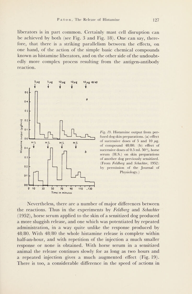 liberators is in part common. Certainly mast cell disruption can be achieved by both (see Fig. 3 and Fig. 18). One can say, there¬ fore, that there is a striking parallelism between the effects, on one hand, of the action of the simple basic chemical compounds known as histamine liberators, and on the other side of the undoubt¬ edly more complex process resulting from the antigen-antibody reaction. 5jig S^ig 10/ig 10fig 10//g 48/40 Fig. 19. Histamine output from per¬ fused dogskin preparations, (a) effect of successive doses of 5 and 10 /tig. of compound 48/80. (b) effect of successive doses of 0.5 ml. 50 % horse serum (H.S.) on skin preparations of another dog previously sensitized. (From Feldberg and Schachter, 1952: by permission of the Journal of Physiology.) Time in minutes Nevertheless, there are a number of major differences between the reactions. Thus in the experiments by Feldberg and Schachter (1952), horse serum applied to the skin of a sensitized dog produced a more sluggish release, and one which was potentiated by repeated administration, in a way quite unlike the response produced by 48/80. With 48/80 the whole histamine release is complete within half-an-hour, and with repetition of the injection a much smaller response or none is obtained. With horse serum in a sensitized animal the release continues slowly for as long as two hours and a repeated injection gives a much augmented effect (Fig. 19). There is too, a considerable difference in the speed of actions in