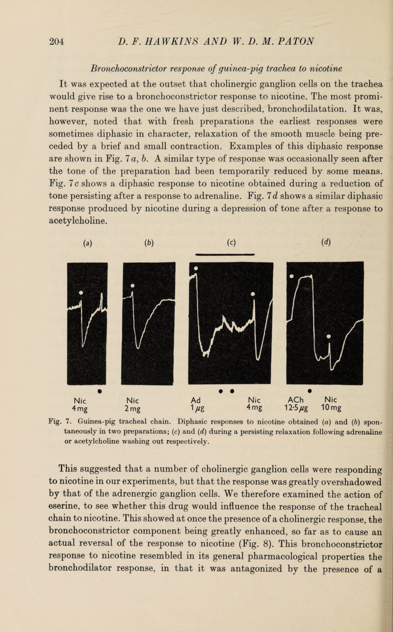 Bronchoconstrictor response of guinea-pig trachea:■ to nicotine It was expected at the outset that cholinergic ganglion cells on the trachea would give rise to a bronchoconstrictor response to nicotine. The most promi¬ nent response was the one we have just described, bronchodilatation. It was, however, noted that with fresh preparations the earliest responses were sometimes diphasic in character, relaxation of the smooth muscle being pre¬ ceded by a brief and small contraction. Examples of this diphasic response are shown in Fig. 7 a, h. A similar type of response was occasionally seen after the tone of the preparation had been temporarily reduced by some means. Fig. 7 c shows a diphasic response to nicotine obtained during a reduction of tone persisting after a response to adrenaline. Fig. 7 d shows a similar diphasic response produced by nicotine during a depression of tone after a response to acetylcholine. (a) (b) (0 (d) Fig. 7. Guinea-pig tracheal chain. Diphasic responses to nicotine obtained (a) and (b) spon¬ taneously in two preparations; (c) and (d) during a persisting relaxation following adrenaline or acetylcholine washing out respectively. This suggested that a number of cholinergic ganglion cells were responding to nicotine in our experiments, but that the response was greatly overshadowed by that of the adrenergic ganglion ceils. We therefore examined the action of eserine, to see whether this drug would influence the response of the tracheal chain to nicotine. This showed at once the presence of a cholinergic response, the bronchoconstrictor component being greatly enhanced, so far as to cause an actual reversal of the response to nicotine (Fig. 8). This bronchoconstrictor response to nicotine resembled in its general pharmacological properties the bronchodilator response, in that it was antagonized by the presence of a