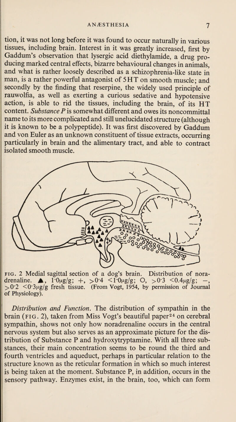 tion, it was not long before it was found to occur naturally in various tissues, including brain. Interest in it was greatly increased, first by Gaddum’s observation that lysergic acid diethylamide, a drug pro¬ ducing marked central effects, bizarre behavioural changes in animals, and what is rather loosely described as a schizophrenia-like state in man, is a rather powerful antagonist of 5HT on smooth muscle; and secondly by the finding that reserpine, the widely used principle of rauwolfia, as well as exerting a curious sedative and hypotensive action, is able to rid the tissues, including the brain, of its HT content. Substance P is somewhat different and owes its noncommittal name to its more complicated and still unelucidated structure (although it is known to be a polypeptide). It was first discovered by Gaddum and von Euler as an unknown constituent of tissue extracts, occurring particularly in brain and the alimentary tract, and able to contract isolated smooth muscle. fig. 2 Medial sagittal section of a dog’s brain. Distribution of nora¬ drenaline. A, 1‘Ofxg/g; +, >0*4 <l’0^g/g; O, >0*3 <0.4(ig/g; >0*2 <0'3p!g/g fresh tissue. (From Vogt, 1954, by permission of Journal of Physiology). Distribution and Function. The distribution of sympathin in the brain (fig. 2), taken from Miss Vogt’s beautiful paper24 on cerebral sympathin, shows not only how noradrenaline occurs in the central nervous system but also serves as an approximate picture for the dis¬ tribution of Substance P and hydroxytryptamine. With all three sub¬ stances, their main concentration seems to be round the third and fourth ventricles and aqueduct, perhaps in particular relation to the structure known as the reticular formation in which so much interest is being taken at the moment. Substance P, in addition, occurs in the sensory pathway. Enzymes exist, in the brain, too, which can form